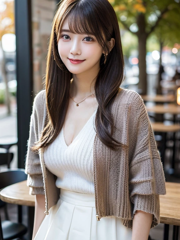 (best quality:1.5), (masterpiece:1.5), ((1 girl)), full body, Japanese, 22 year old cute woman, (the cutest girl in the world), face becomes smaller, Super detailed costume, smile at the cafe, Scrunchie, thin necklace, glamorous look, super cute face, glossy lips, double eyelids in both eyes, natural makeup, long eyelashes, shiny smooth light brown hair, bangs, short hair with twin tails, asymmetrical bangs, center image, 8K resolution, advanced details, detailed hairstyle, detailed face, great movie lighting, octane rendering, vibrant, Super realistic, perfect limbs, perfect anatomy, (full breasts, autumn knit sheer jacket, sheer inner, chiffon skirt),