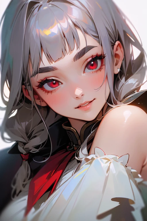 (highest quality, masterpiece:1.2), High resolution, 最高masterpiece、Very detailed, Realistic:1.37, Fantasy, An illustration,Gray Hair、 Red eyes、Queen, White Dress、beautifully、Eyeshadow Red、Thick eyebrows、Long eyelashes、pupils are black、shiny on the lips、Top Sites、Queen、Princess、A kind smile、Show your teeth a little and smile、Soft impression、people々々々々々々々Loved by、Slimming the face、Shoulder Bare、Sexy braids、Kissing Face、Short Bob、Shaggy Bangs、Save face image、The background is space、