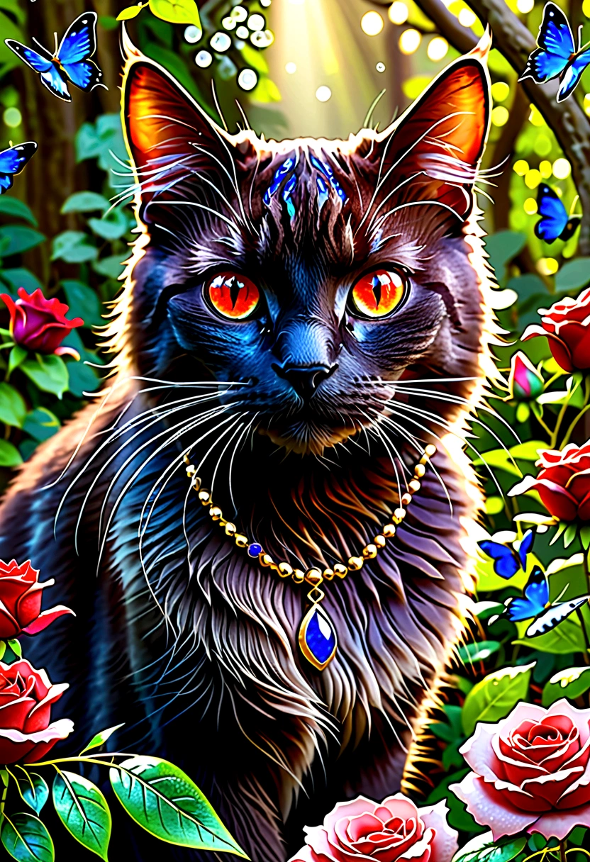 Lapis Lazuli (cat:1.5), jewelry, jewelry, (masterpiece, sidelight, beautiful red eyes painted in detail:1.2), realistic, shining eyes, shiny fur, brown patterned cat, beautiful, garden, jewel, falling gems, rose quartz, jewel lined garden, cinematic light, cinematic composition, rich expression,. Fantasy art,.