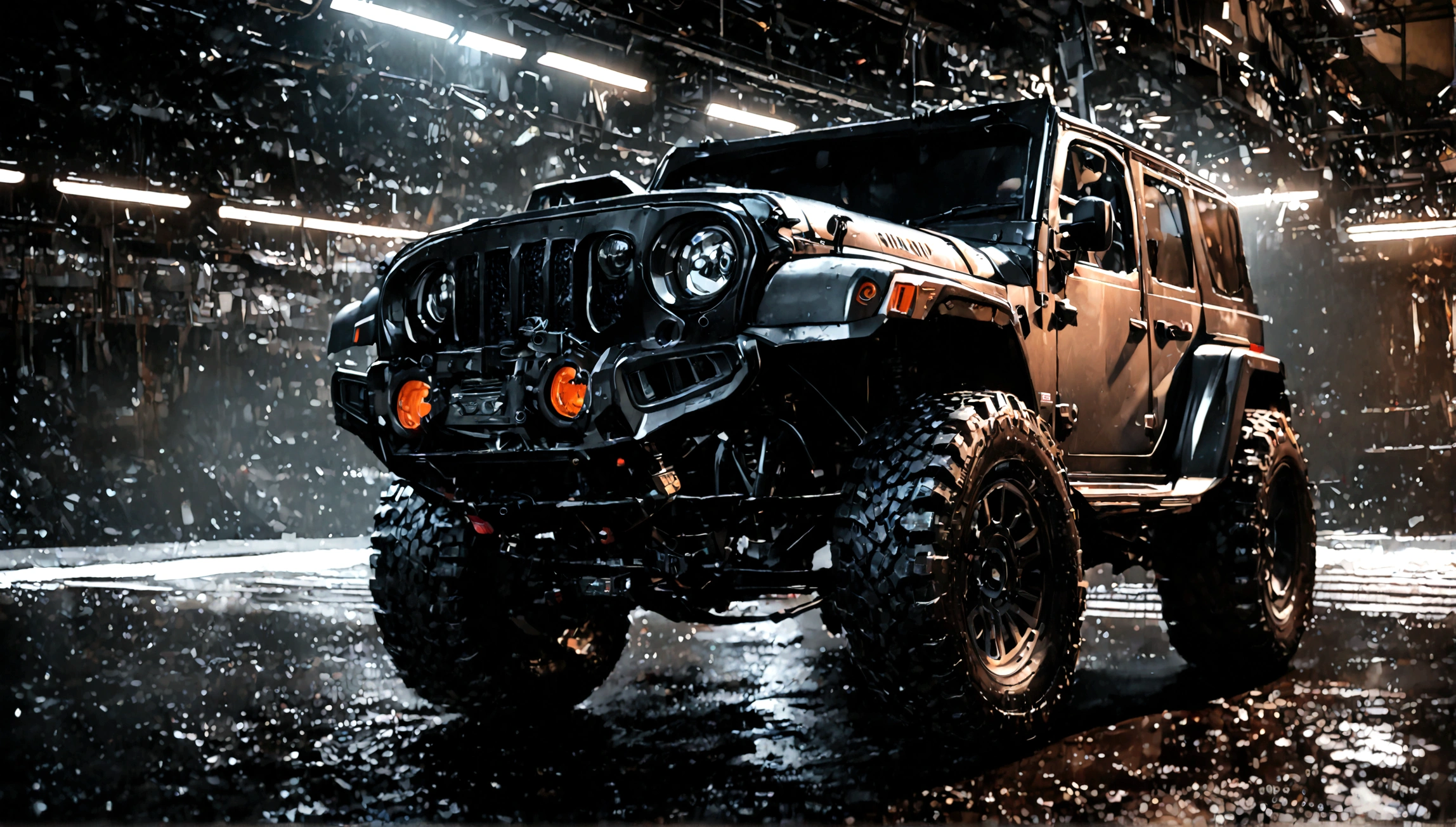 a black supercar jeep, detailed supercar, intricate engine, rugged off-road tires, sleek aerodynamic design, shiny black metallic paint, extreme close-up, high-angle view, dramatic lighting, cinematic composition, (best quality,8k,highres,masterpiece:1.2),ultra-detailed,(realistic,photorealistic,photo-realistic:1.37),concept art, 4k, hyperrealistic, octane render, studio lighting, sharp focus, physically-based rendering, extreme detail description, professional, vibrant colors