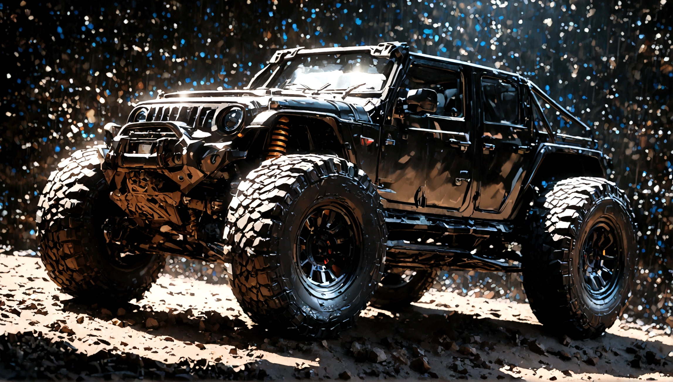 a black supercar jeep, detailed supercar, intricate engine, rugged off-road tires, sleek aerodynamic design, shiny black metallic paint, extreme close-up, high-angle view, dramatic lighting, cinematic composition, (best quality,8k,highres,masterpiece:1.2),ultra-detailed,(realistic,photorealistic,photo-realistic:1.37),concept art, 4k, hyperrealistic, octane render, studio lighting, sharp focus, physically-based rendering, extreme detail description, professional, vibrant colors