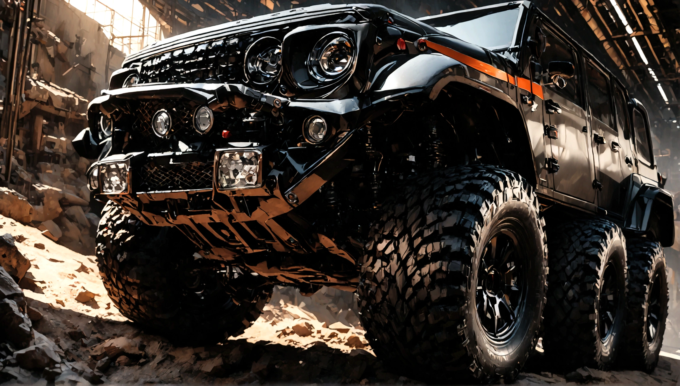 a black supercar jeep, detailed supercar, intricate engine, rugged off-road tires, sleek aerodynamic design, shiny black metallic paint, extreme close-up, high-angle view, dramatic lighting, cinematic composition, (best quality,8k,highres,masterpiece:1.2),ultra-detailed,(realistic,photorealistic,photo-realistic:1.37),concept art, 4k, hyperrealistic, octane render, studio lighting, sharp focus, physically-based rendering, extreme detail description, professional, vibrant colors