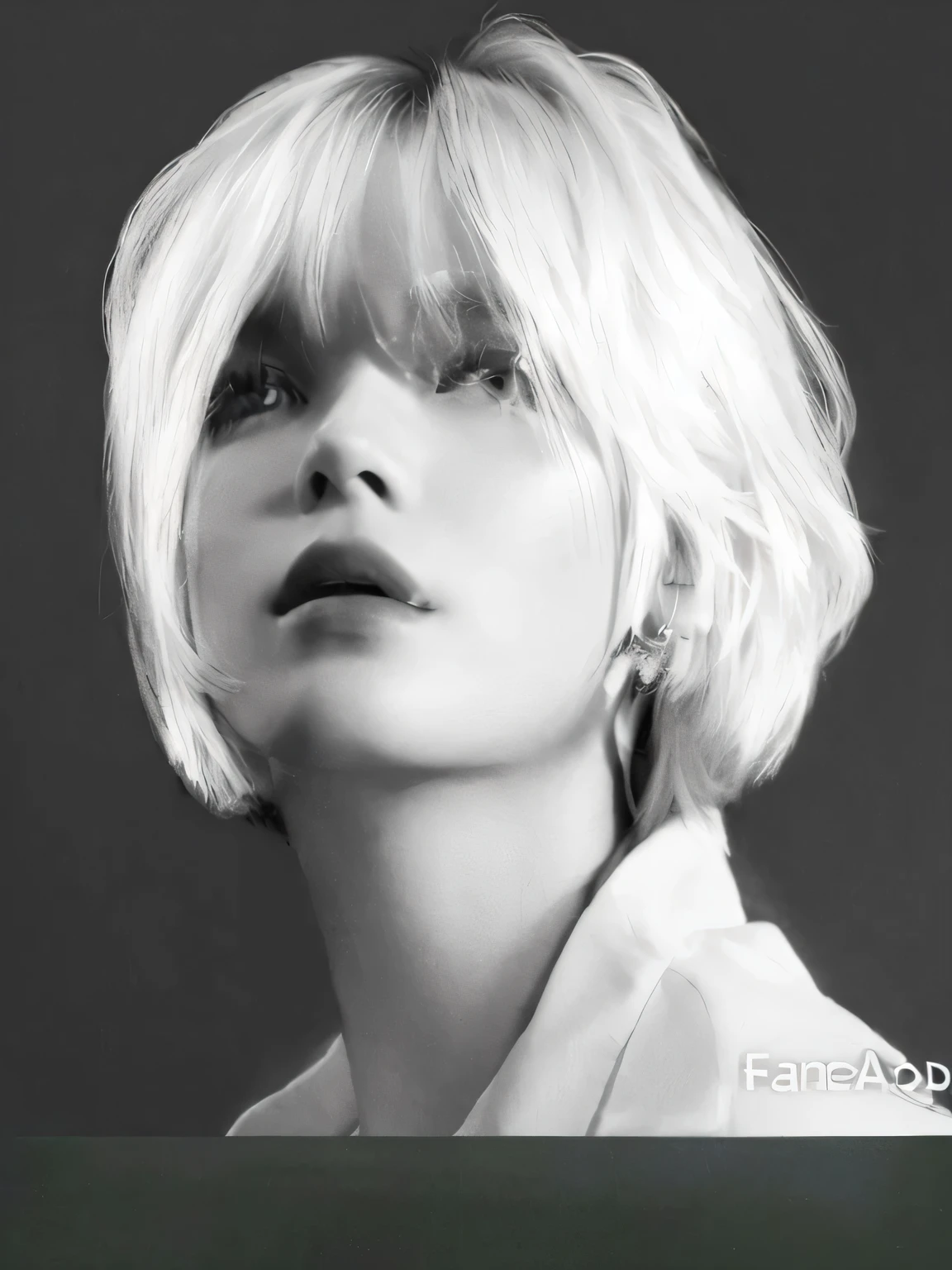 um close up de uma mulher com um corte de cabelo loiro curto, com rosto redondo, rosto bonito de cabelo branco, rosto preciso do Jimin, inspirado em jeonseok lee, com cabelo branco curto, cara com artgram, retrato nft, franja branca, ███rosto lindo███, rosto jovem