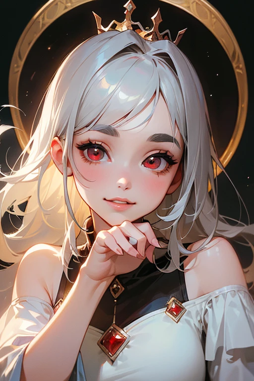 (highest quality, masterpiece:1.2), High resolution, 最高masterpiece、Very detailed, Realistic:1.37, Fantasy, An illustration,Gray Hair、 Red eyes、Queen, White Dress、beautifully、Eyeshadow Red、Thick eyebrows、Long eyelashes、pupils are black、shiny on the lips、Top Sites、Queen、Princess、A kind smile、Show your teeth a little and smile、Soft impression、people々々々々々々々Loved by、Slimming the face、Shoulder Bare、Kissing Face、Short Bob、Shaggy Bangs、Save face image、The background is space、