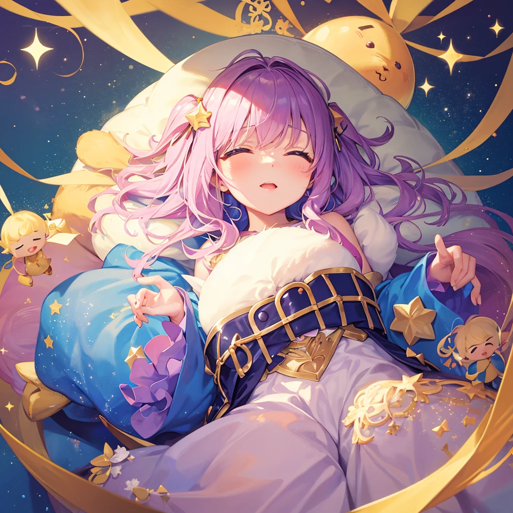 Dream fantasy story, highest quality, Super quality, masterpiece,  A girl with cute creatures, A little cute girl sleeps on the stomach of a giant fluffy cute creature, Pastel colored glitter for a gentle effect