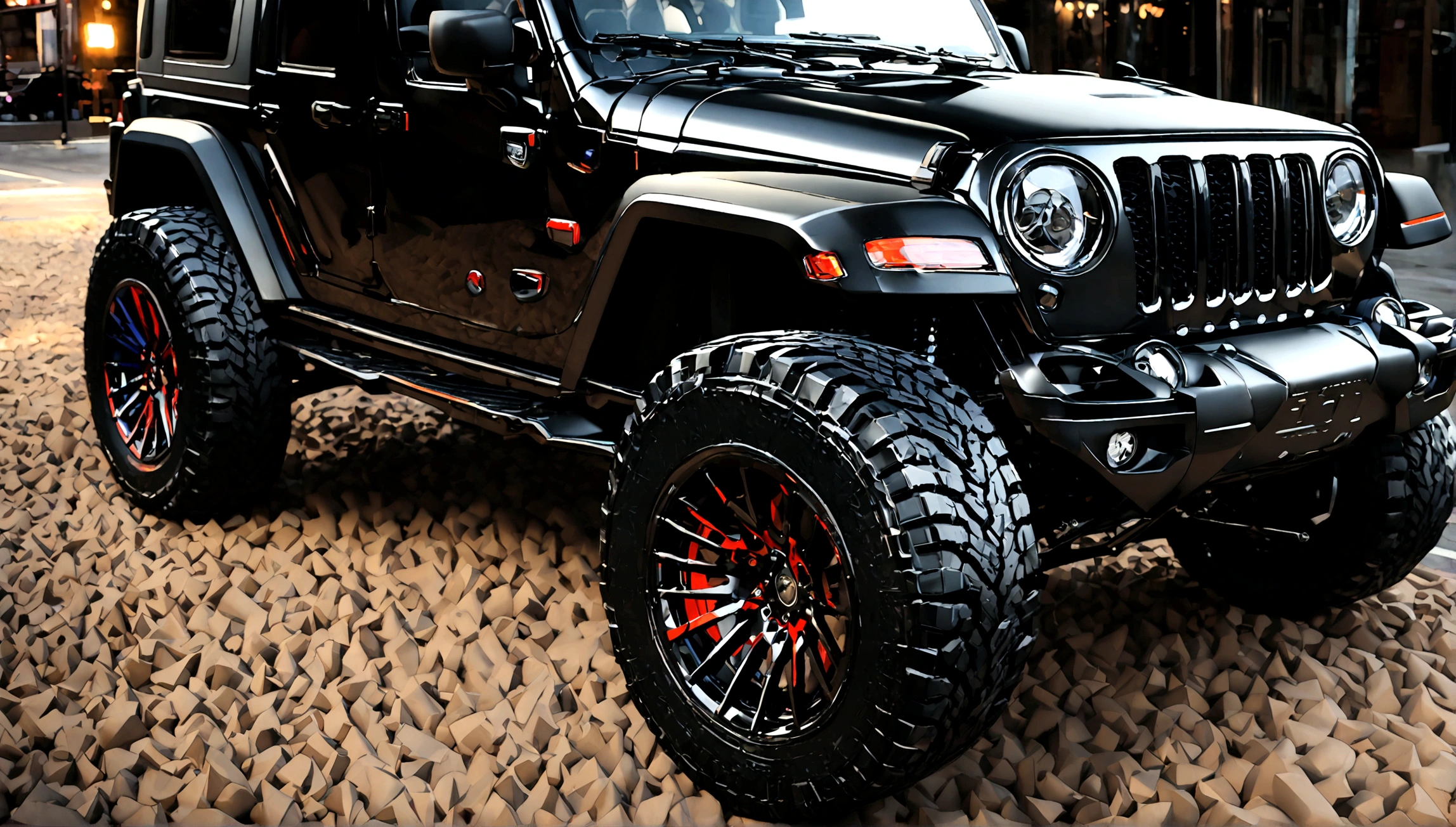 a highly detailed black supercar jeep, 8k, hyper realistic, photorealistic, ultra-detailed, incredibly sharp focus, professional 3d render, volumetric lighting, dynamic pose, dramatic lighting, high contrast, vibrant colors, metallic paint, carbon fiber accents, off-road tires, muscular body, aggressive front grille, sleek and modern design, studio lighting