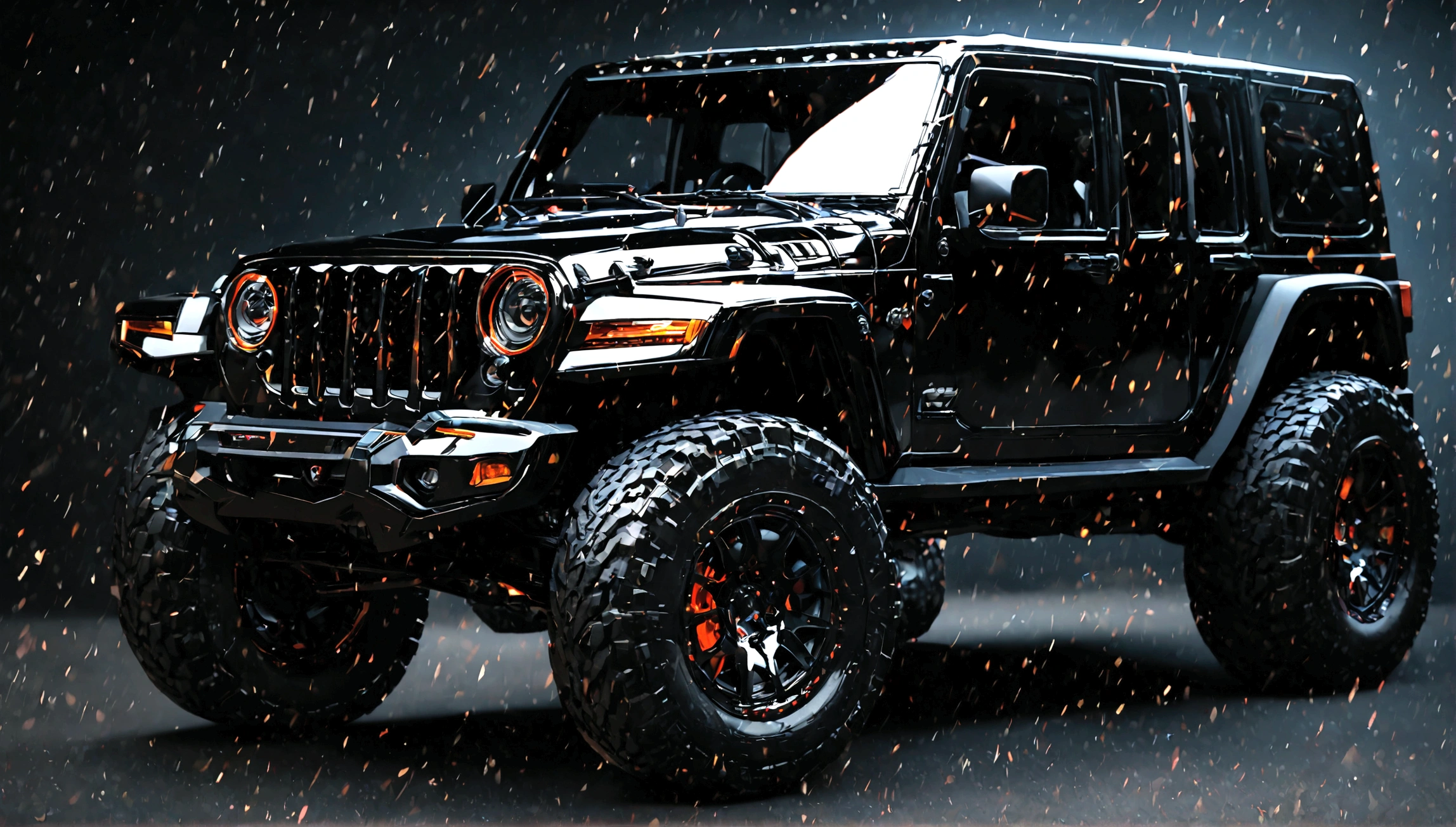 a highly detailed black supercar jeep, 8k, hyper realistic, photorealistic, ultra-detailed, incredibly sharp focus, professional 3d render, volumetric lighting, dynamic pose, dramatic lighting, high contrast, vibrant colors, metallic paint, carbon fiber accents, off-road tires, muscular body, aggressive front grille, sleek and modern design, studio lighting