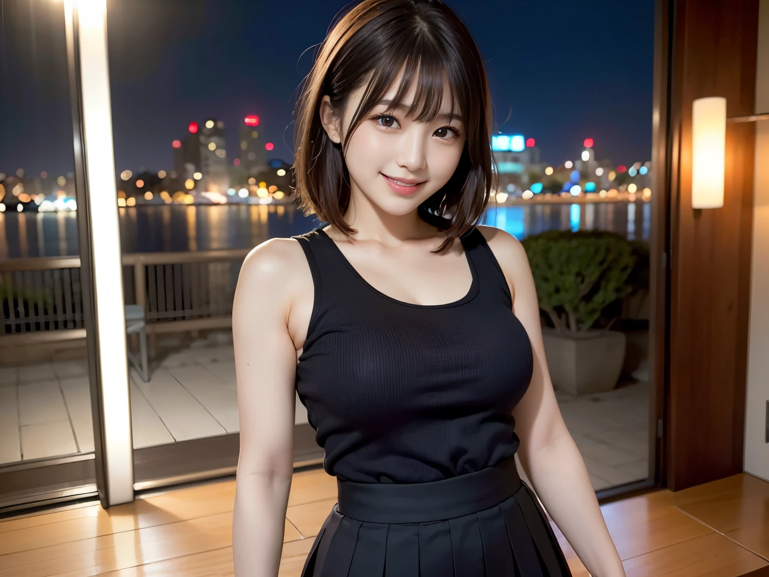 (Realistic: 1.4), (highest quality: 1.4), Ultra-high resolution, (fine grain),Full Body Shot,((Pose for gravure photography)),1. High school girl、Short Cut、(Straight bangs)、,1 girl, Tokyo, night, Cityscape, City lights, Black camisole,Black pleated skirt, smile, (8k, RAW Photos, highest quality, masterpiece: 1.2), (Genuine, photoGenuine: 1.37),smile,Idol,