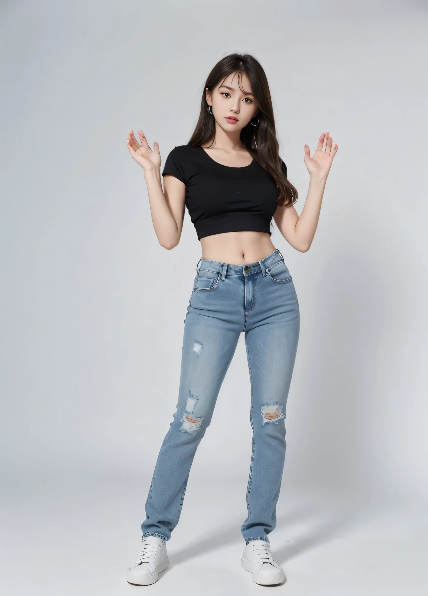 Full body photo on white background，Put your hands down and open them naturally，18-year-old girl，Medium breasts，Long hair，Oval face，Double eyelids，Black shirt，jeans，White shoes，Stand Upright，Look at the camera