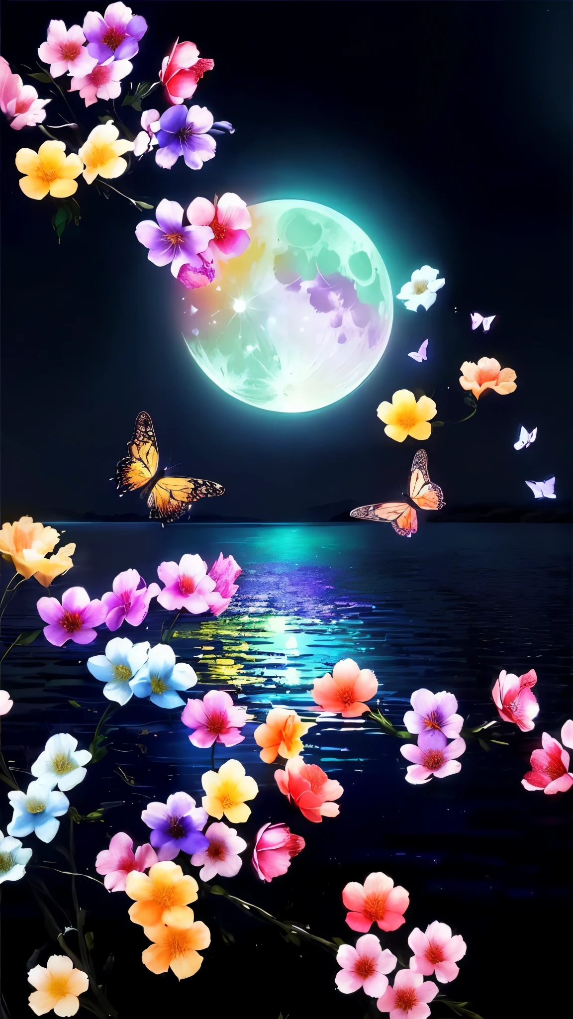 a painting of flowers and butterflies flying over the water, beautiful moonlight night, beautiful moonlight, beautiful moon light, beautiful as the moon, moon glow, night sky full of flowers, glowing butterflies, beautiful wallpaper, moonlight shining on wildflowers, bright moonlight, magical colorful flowers, float under moon light at night, at night with moon light, very beautiful photo, moonlight night