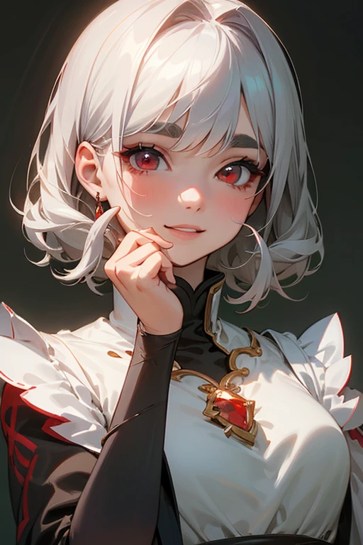 (highest quality, masterpiece:1.2), High resolution, 最高masterpiece、Very detailed, Realistic:1.37, Fantasy, An illustration,Gray Hair、 Red eyes、Queen, White Dress、beautifully、Eyeshadow Red、Thick eyebrows、Long eyelashes、pupils are black、shiny on the lips、Top Sites、Queen、Princess、A kind smile、Show your teeth a little and smile、Soft impression、people々々々々々々々Loved by、Slimming the face、Shoulder Bare、Kissing Face、Short Bob、Shaggy Bangs、Save face image、