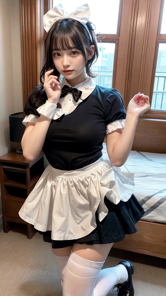 masterpiece, best quality, illustration, Super detailed, fine details, High resolution, 8K,wall paper, perfect dynamic composition,(Details High quality, realistic depiction of eyes:1.3), short hair, (wavy hair:1.2), SFW, huge breasts, hotel room, (bow ribbon, Maid, knee high socks:1.3), Aside Cutter Shirt, frill skirt, Large breasts, Don't expose it, ponytail, black hair color, Big Natural Color Lip, perfect body shape, bold sexy pose, crying a little、Harajuku style、20 year old girl、cute type、lolita、beautiful legs, full body photo、focus on crotch, hposing Gravure Idol