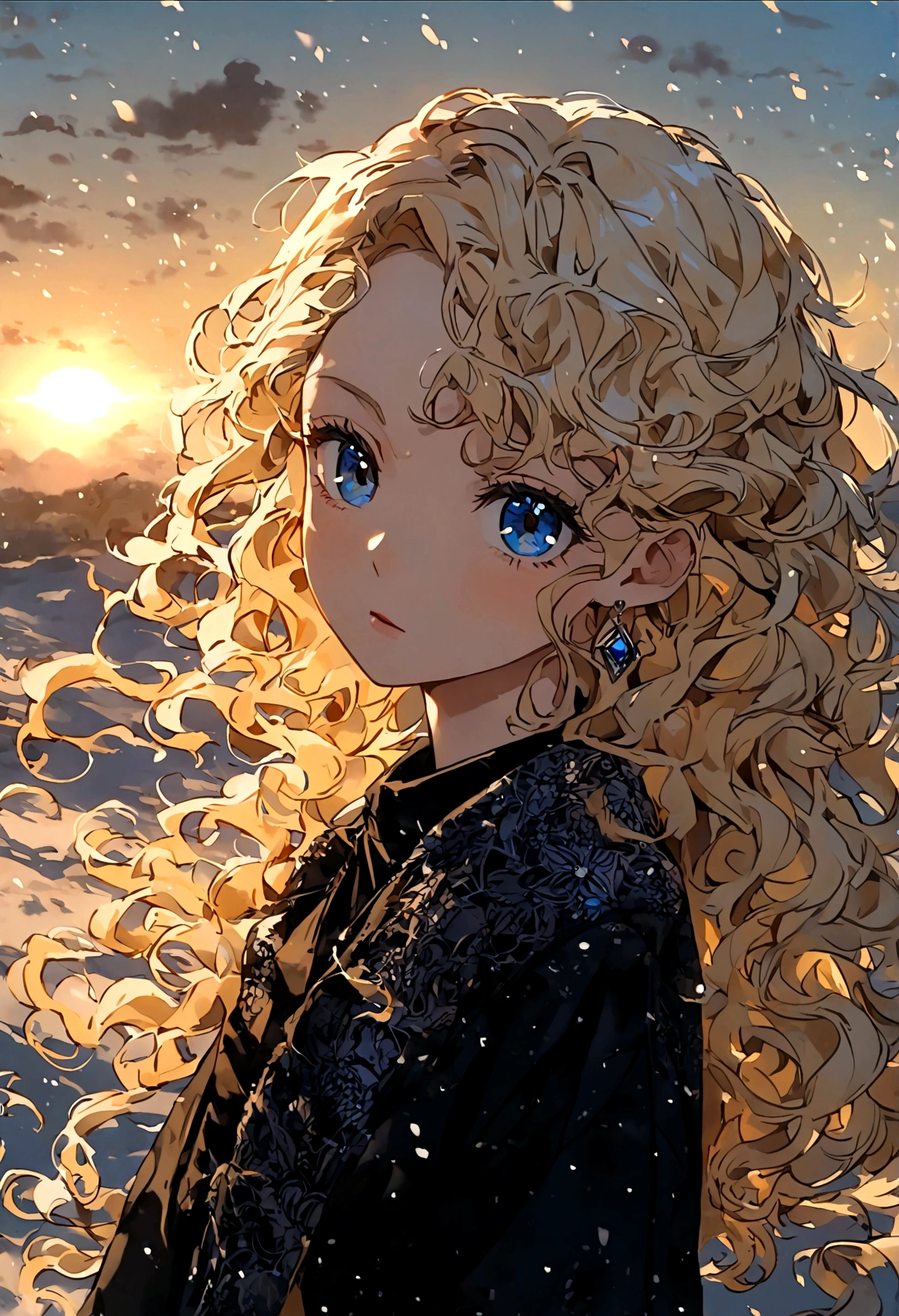 Blonde Wavy Hair Blue Eyes Fair skin Japanese cute beautiful girl 168㎝ Different world black punk style dawn sun Icy ground Diamond dust