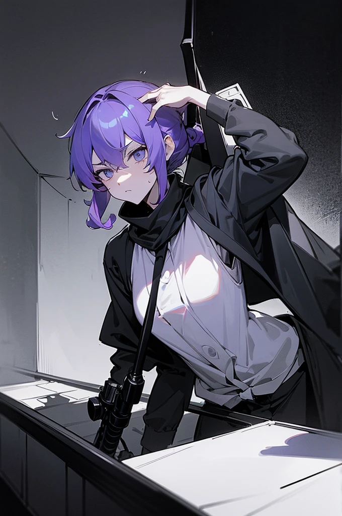 arm enterprise、Suppression Division、Combatant、male、Curly hair、cool、calm、Listless、room、adult、cool、Tie your hair up、sense of urgency、A relaxed face、Sharp Eyes、Slender、Large、sniper rifle、Large ranged weapons、Modern weapons、darkness、dark、melancholy、Covert behavior、Black theme、grayscale、Purple accent color、High Contrast