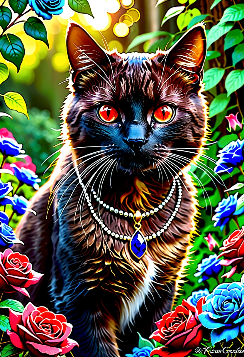 Lapis Lazuli,Lapis Lazuli,Lapis Lazuli,Lapis Lazuli, (cat:1.5), jewelry, jewelry, (masterpiece, sidelight, beautiful red eyes painted in detail:1.2), realistic, shining eyes, shiny fur, brown patterned cat, beautiful, garden, jewel, falling gems, rose quartz, jewel lined garden, cinematic light, cinematic composition, rich expression,. Fantasy art,.