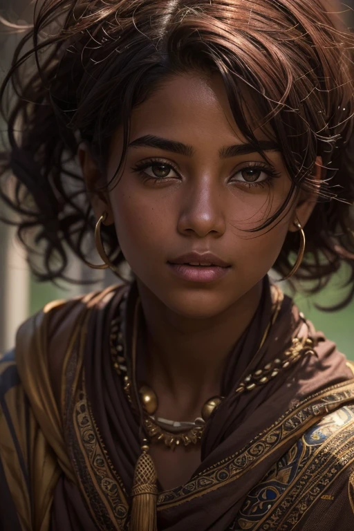 A full body of a 17-year-old Arabic woman with short red hair. Her dark brown eyes are fixed on the camera, conveying serenity and spiritual wisdom. where the soft light highlights her calm and mysterious aura. She has dark skin, which seems to exude a natural glow. Her hair is short, with a cut that highlights her confident and spiritual expression. The strands are the color of ebony, with some natural highlights that shine softly in the light. Her eyebrows are well defined and complement her expressive eyes. They seem capable of seeing beyond appearances and delving into the depths of the human spirit. Her face is serene, with soft features that suggest compassion and empathy. She has a big gentle smile that radiates calmness and confidence. Her presence is welcoming and inspiring.