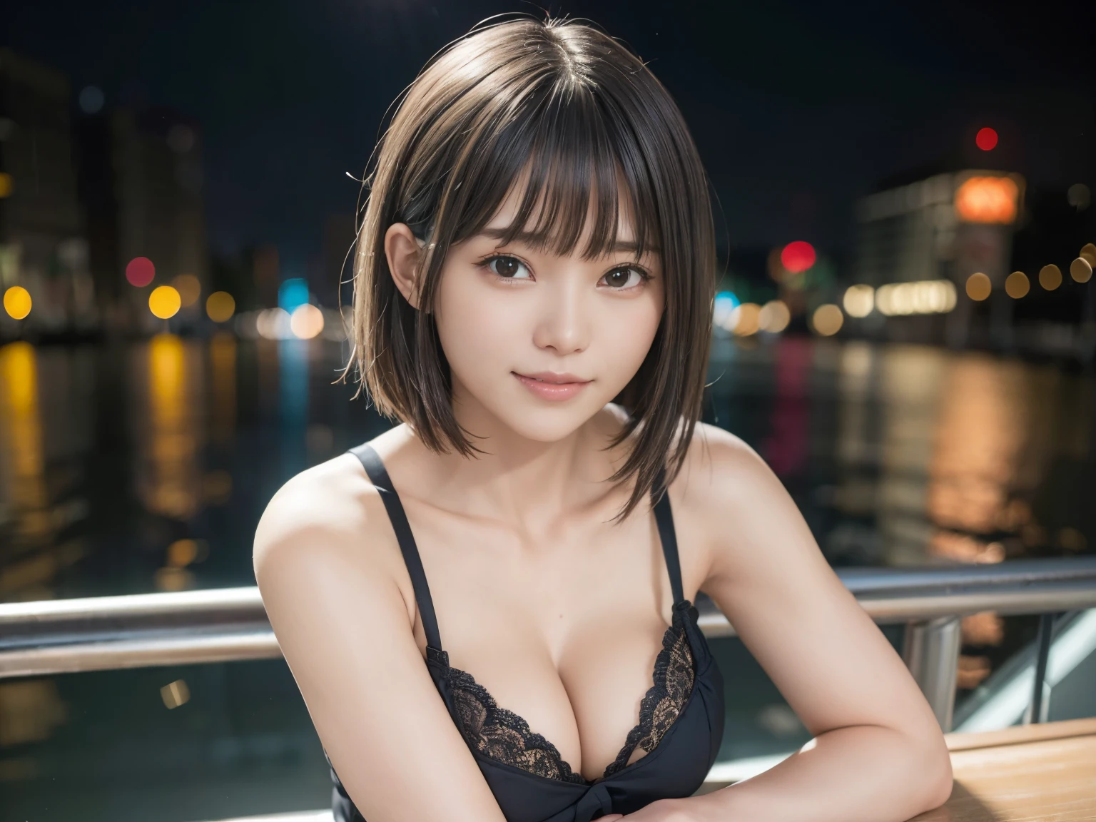 (Realistic: 1.4), (highest quality: 1.4), Ultra-high resolution, (fine grain),Full Body Shot,((Pose for gravure photography)),1. High school girl、Short Cut、(Straight bangs)、,1 girl, Tokyo, night, Cityscape, City lights, Black camisole,Black pleated skirt, smile, (8k, RAW Photos, highest quality, masterpiece: 1.2), (Genuine, photoGenuine: 1.37),smile,Idol,