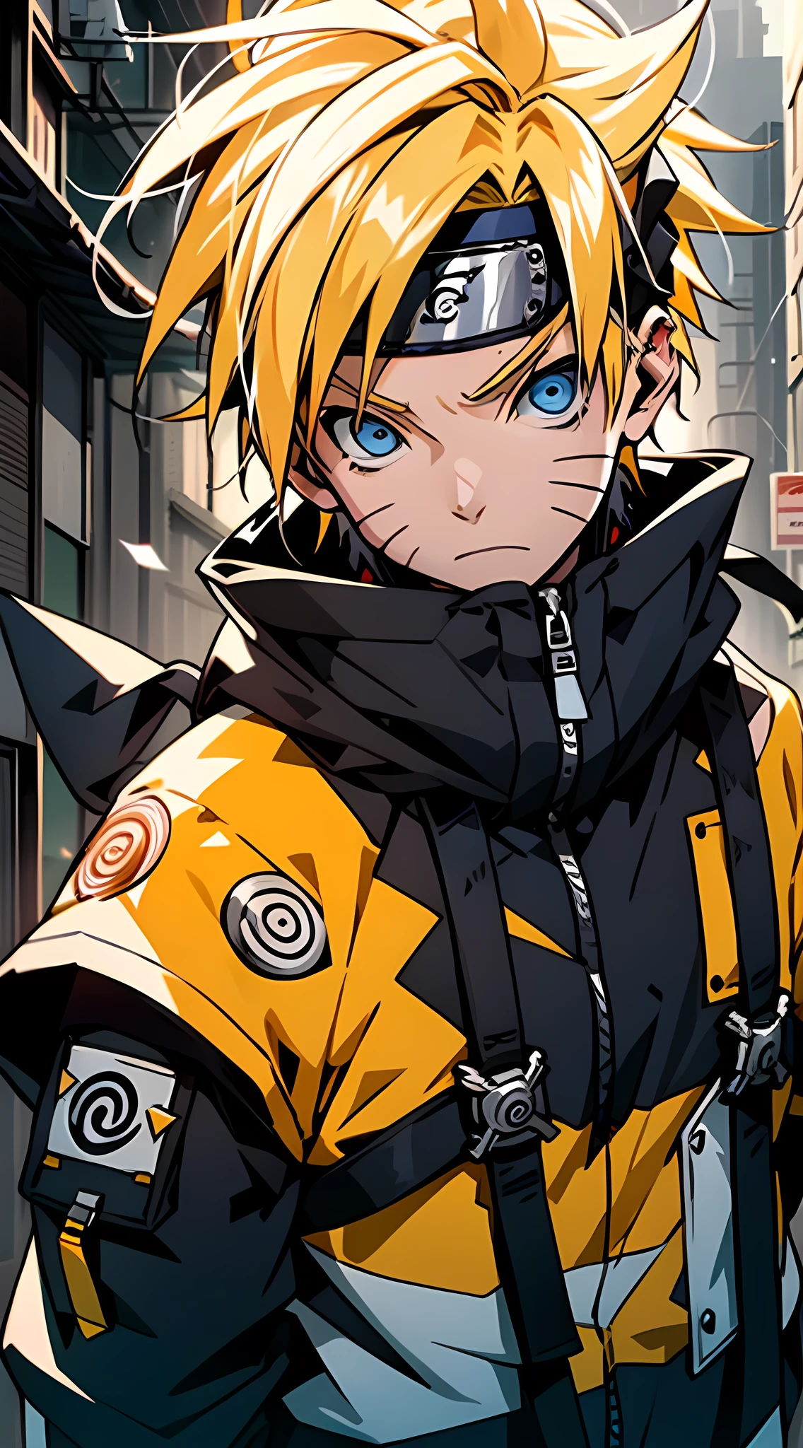 Masterpiece, 1boy, Superb Style, streetwear Supreme chothes, Outdoor, Upper Body, Uzumaki Naruto, blue eyes, yellow hair, cool boy