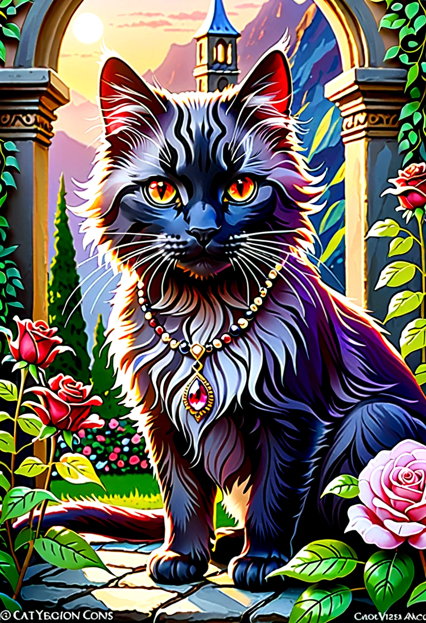Iolite,Iolite, (cat:1.5), jewelry, jewelry, (masterpiece, sidelight, beautiful red eyes painted in detail:1.2), realistic, shining eyes, shiny fur, brown patterned cat, beautiful, garden, jewel, falling gems, rose quartz, jewel lined garden, cinematic light, cinematic composition, rich expression,. Fantasy art,.