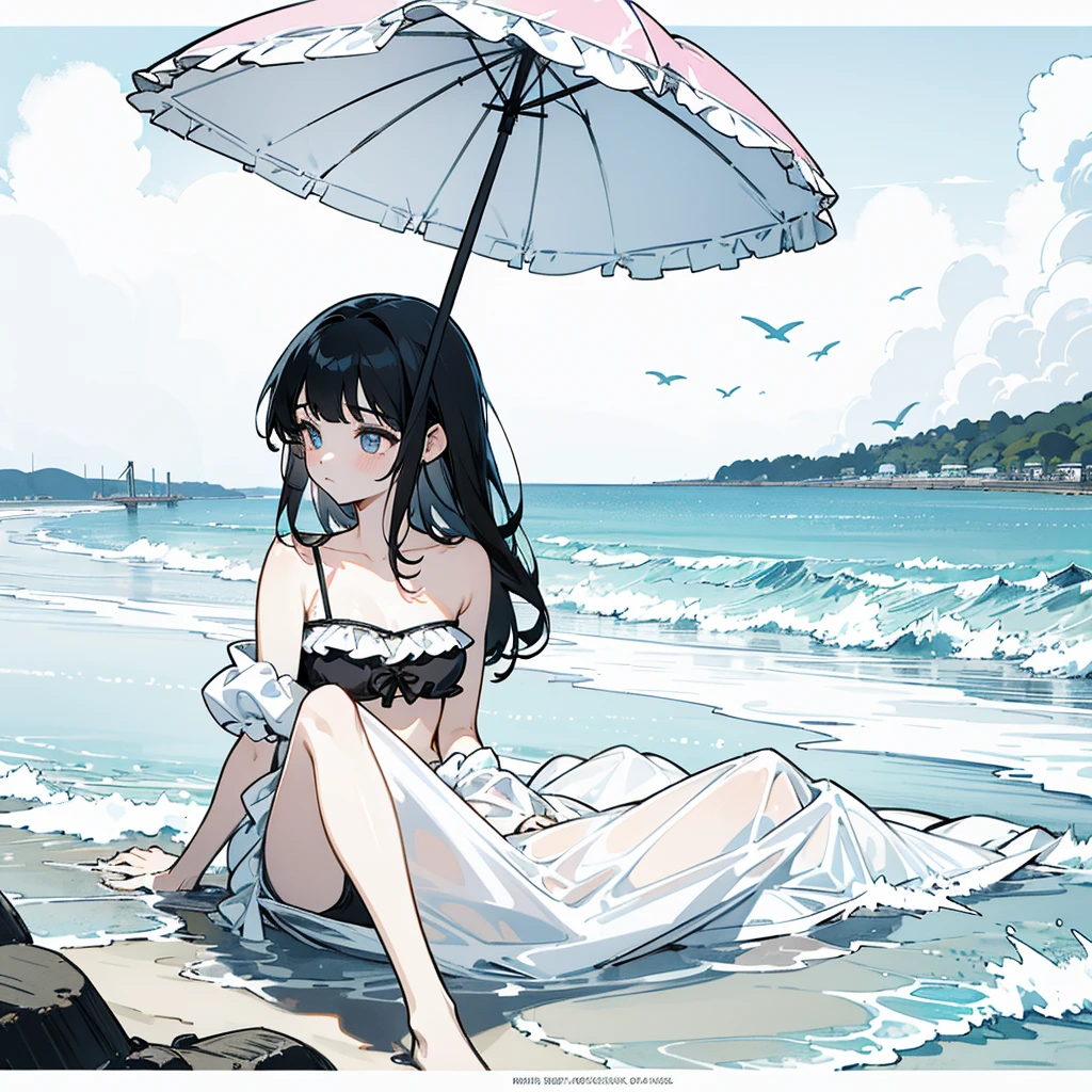 highest quality、High definition、sunlight、Seaside、Beach parasol、One Girl、15-year-old girl、Black Hair、Shoulder-length hair、Swimwear、Black tube top、Frills