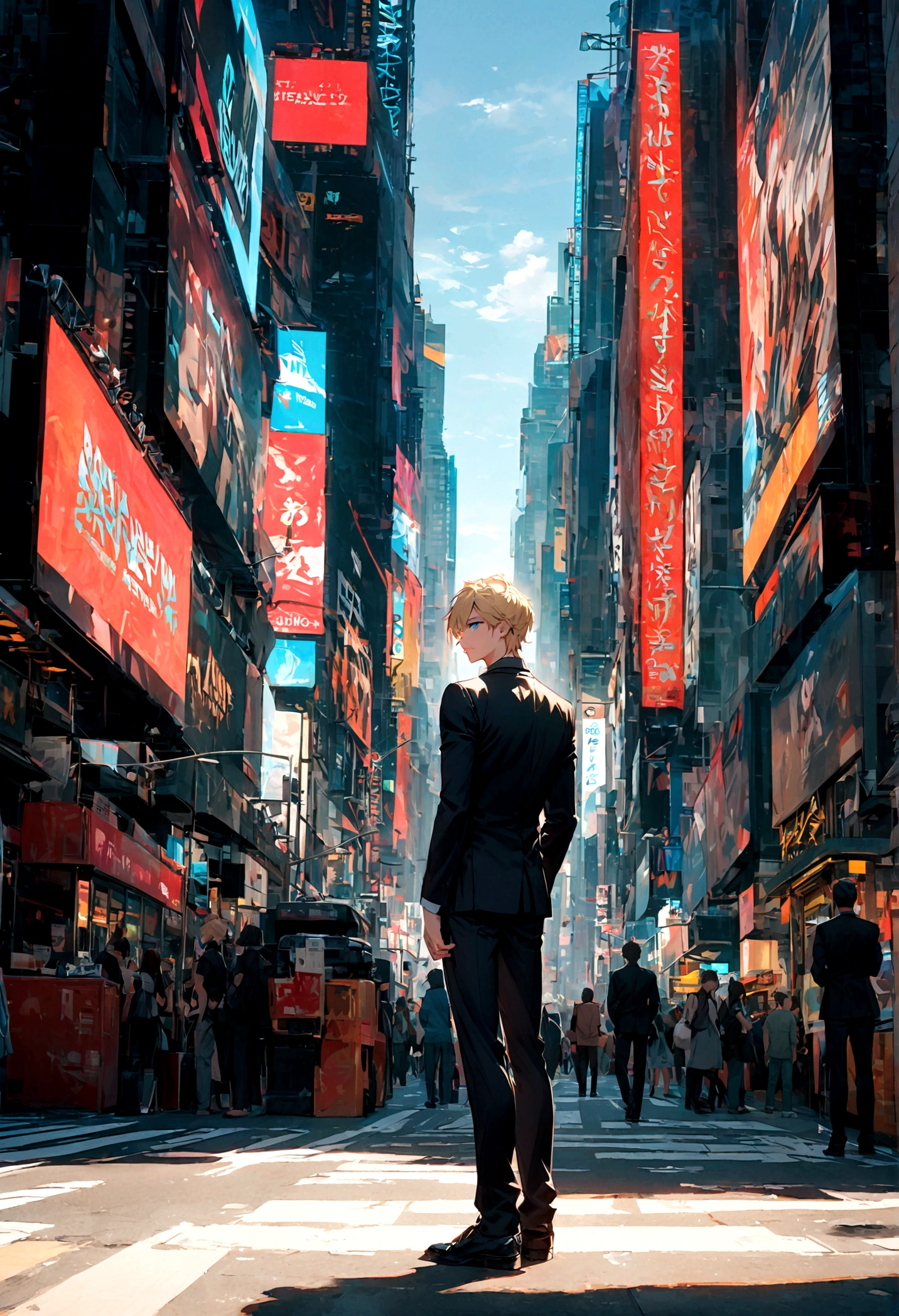 A young man with blond hair, blue eyes, a black suit, stood alone with his back turned halfway, standing alone in the middle of Times Square during the daytime.