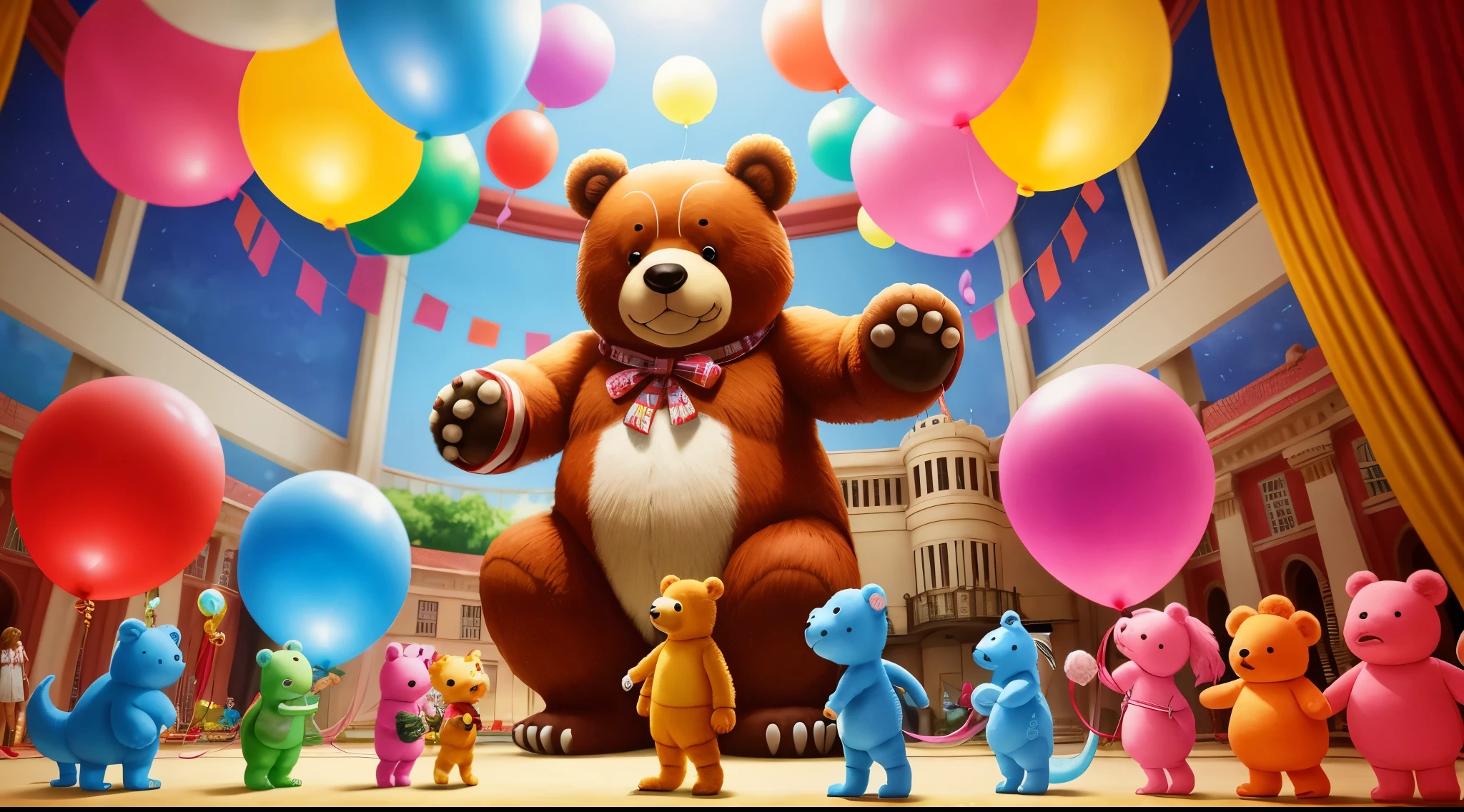 A grand dance,There are many kinds of toys,There is a big, furry and cute toy bear standing in the center.,There are colorful ribbons and balloons hanging,There is also a red curtain,There is a big building block dinosaur standing on the left,There is a very cute little sand hammer in the bear's hand,This is a toy .