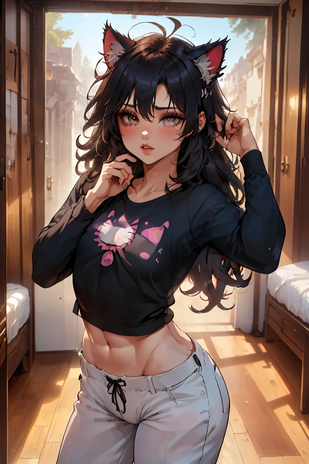 (obra maestra, mejor calidad, Alta calidad), desde arriba professional artwork, bien dibujado, detalles intrincados, desde arriba, (((A boy long hair messy hair, and a girl with cat ears looking at each other and after kissing.))), junkotvv, room, Cabello ultra detallado, (((orejas de gato))), ojos rojos, cara ultra detallada, ojos perfectos, arete, rubor, avergonzado, pecho desnudo, pantalones de mezclilla, strong breathing , perspiration, noche, bajo la luz de la luna ,(sudoroso:1.2), (orgasmo:1.3)