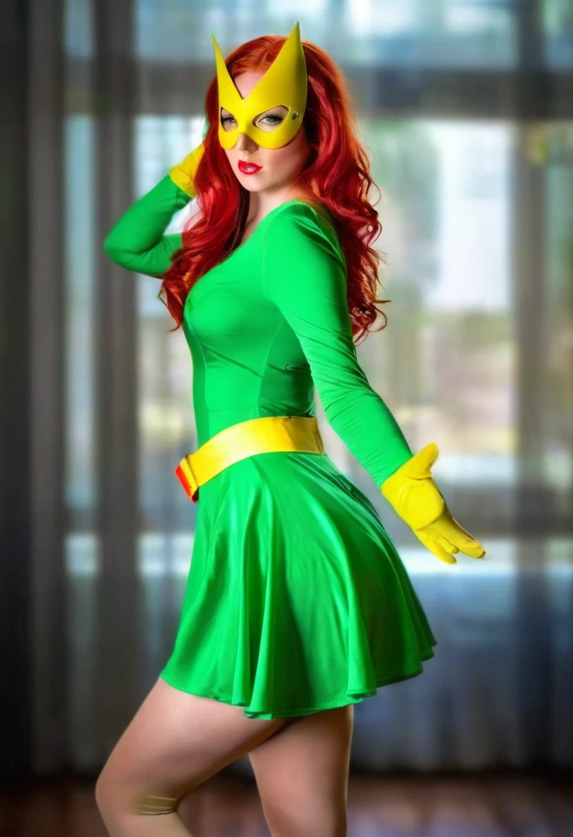 HDR photo of a full body redhead woman wears a green dress and a yellow mask and stockings,  powerfull superhero, sexy poses  . High dynamic range, vivid, rich details, clear shadows and highlights, realistic, intense, enhanced contrast, highly detailed