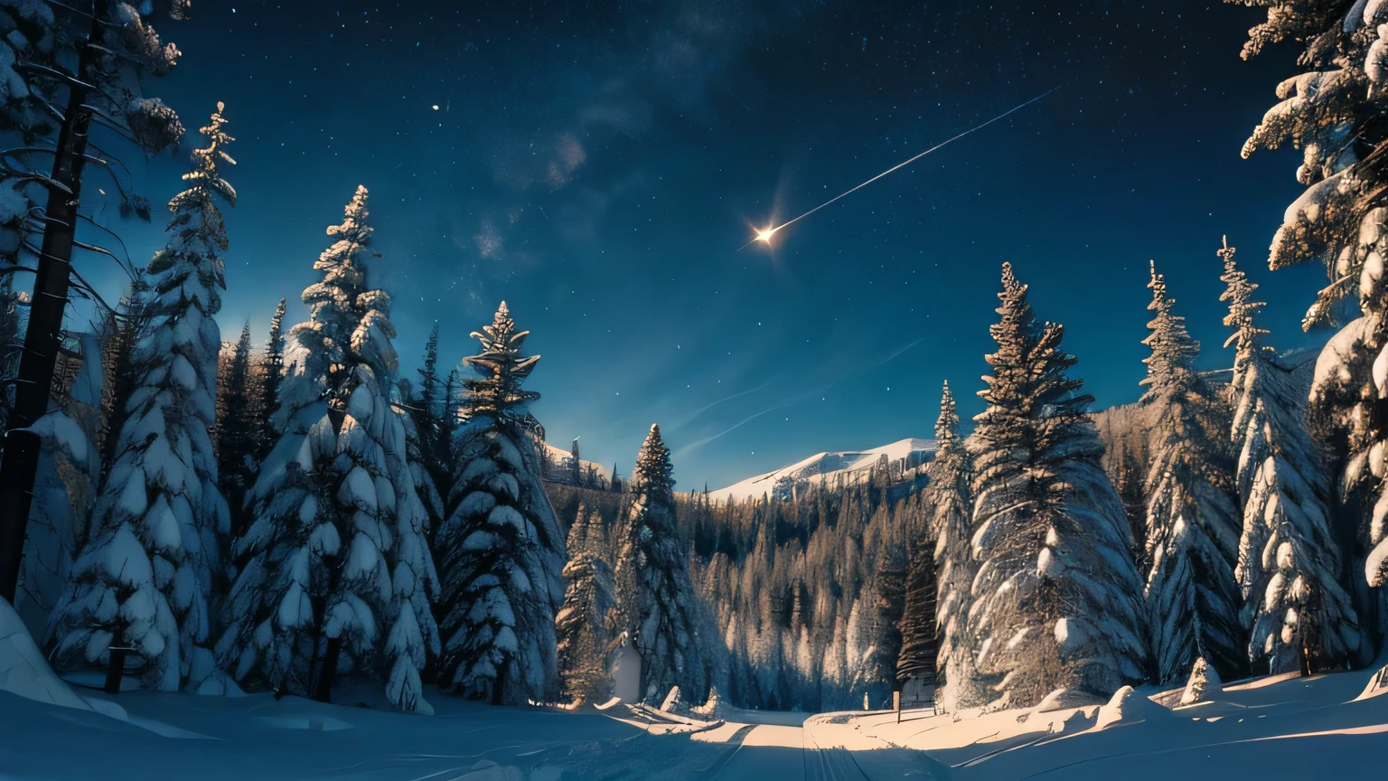 Dramatic lighting, chiaroscuro, an asteroid visible high up in a sunny blue sky, over a spruce forest under deep snow
