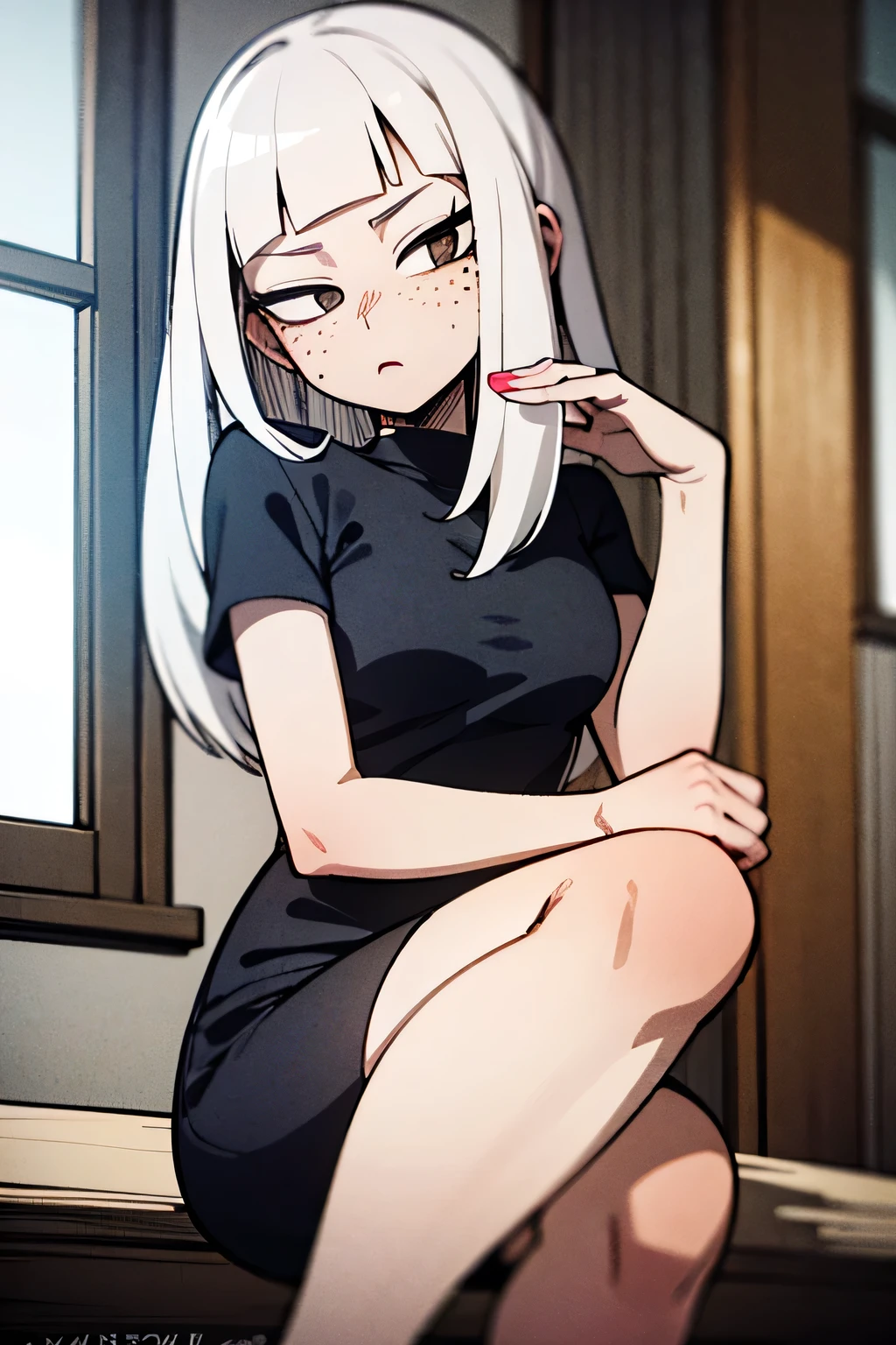 my hero academia comic panel, Korean girl 24 years old with white hair long Smooth with Pastel pink wicks and smooth bangs long, Little gray eyes with long eyelashes, freckles on the cheeks and nose, light skin, she Relaxed and casual pose