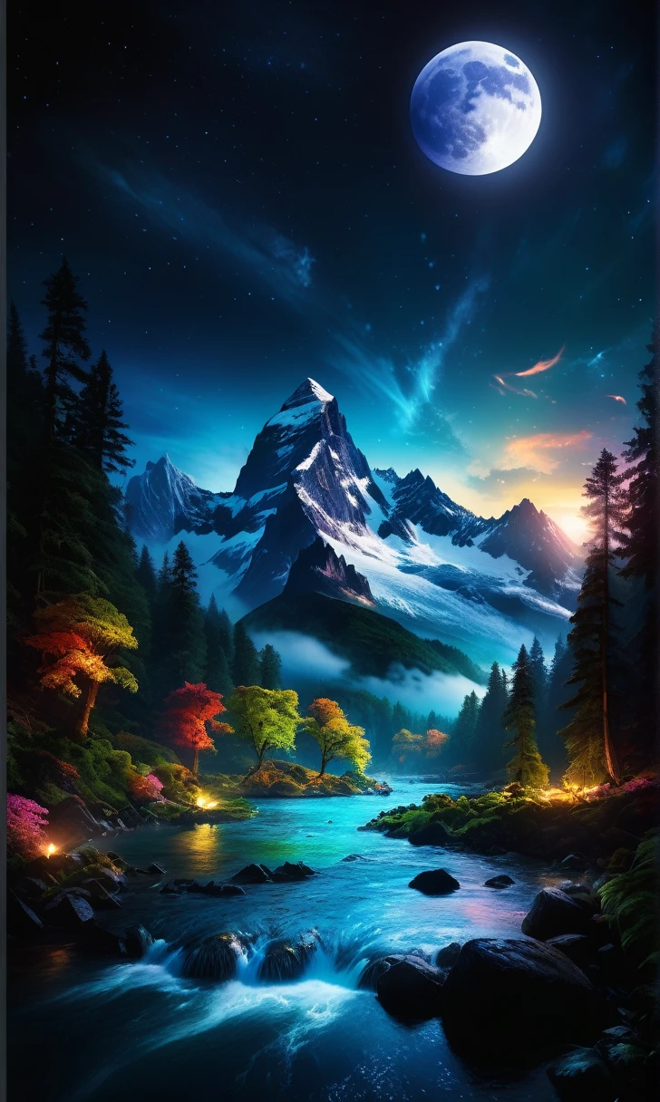 Fantasy, fantastic, a cinematic photo of a large mountain with the sky full moon at night. The river is made up of colourful animal fauna in an enchanted forest and trees are floating around it by Greg Rutkowski, Thomas Kinkade trending on Artstation, CGSociety contest winner, 4K HD image, unreal engine 5. Dark atmospheric lighting!!, 