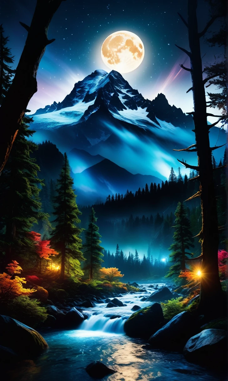 Fantasy, fantastic, a cinematic photo of a large mountain with the sky full moon at night. The river is made up of colourful animal fauna in an enchanted forest and trees are floating around it by Greg Rutkowski, Thomas Kinkade trending on Artstation, CGSociety contest winner, 4K HD image, unreal engine 5. Dark atmospheric lighting!!,