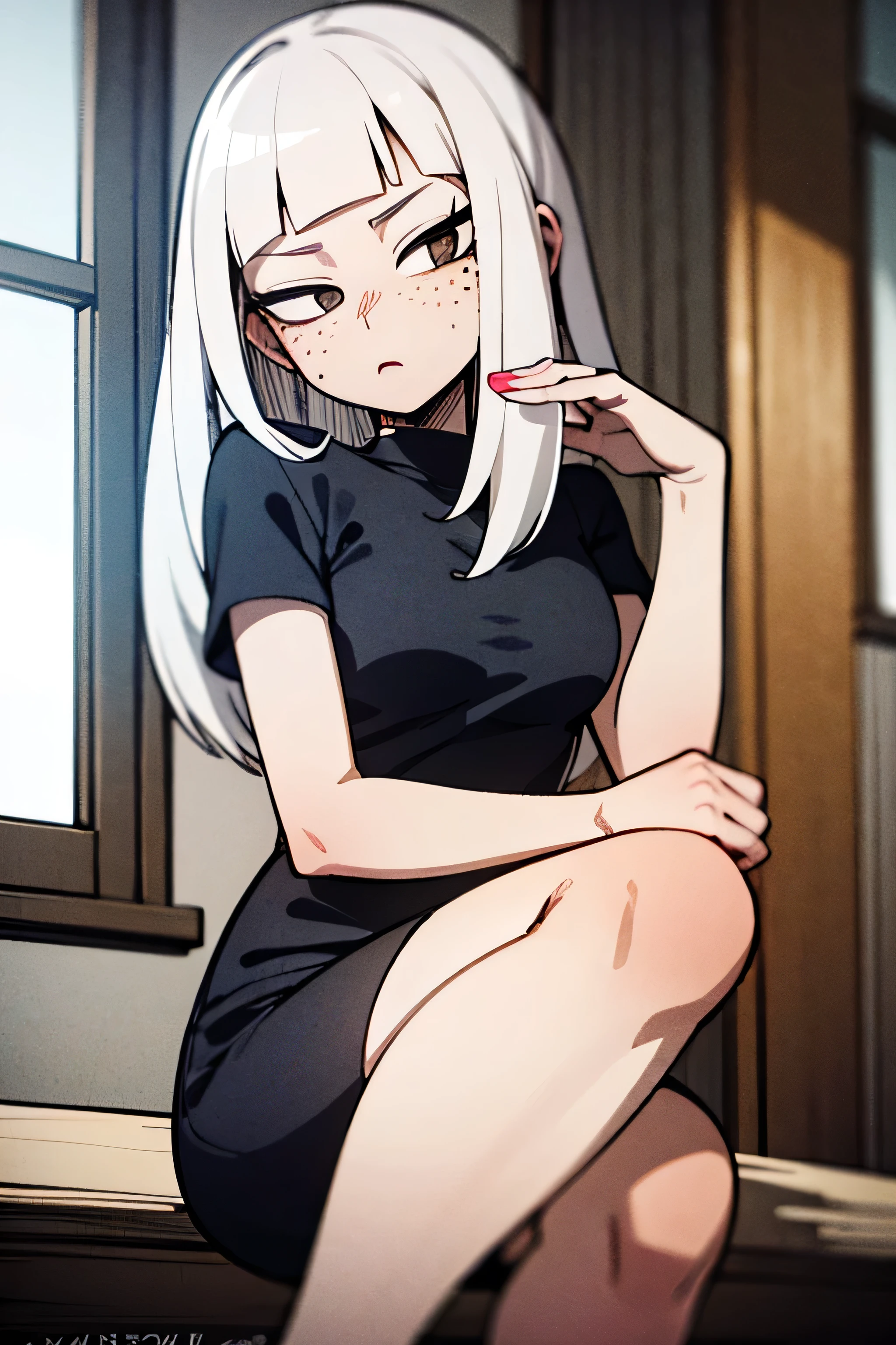 my hero academia comic panel, Korean girl 24 years old with white hair long Smooth with Pastel pink wicks and smooth bangs long, Little gray eyes with long eyelashes, freckles on the cheeks and nose, light skin, she Relaxed and casual pose