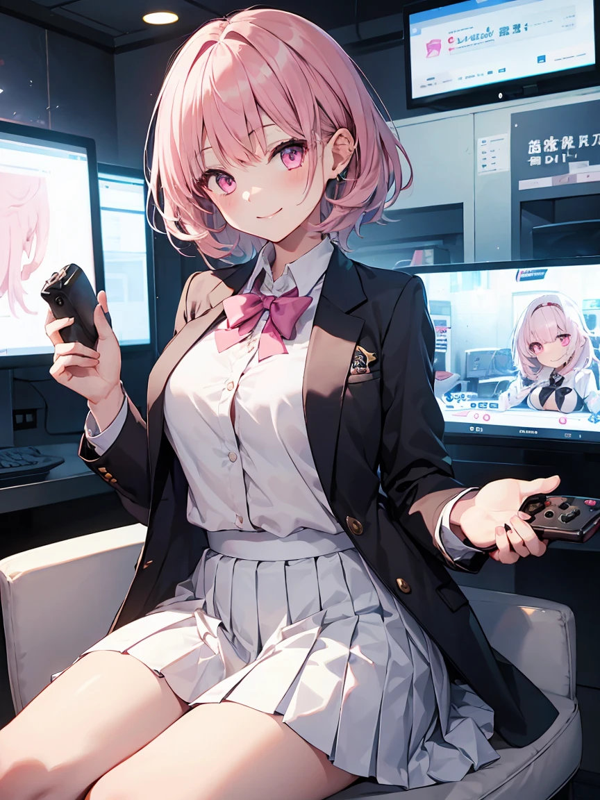 In one girl、fun、High school blazer with popular design、white shirt、pleated skirt、white skirt、(small breasts ) in recreativo, pink short hair, pink eyes, smiling, white skirt, de pie, white skirt, playing videogames, holding controller