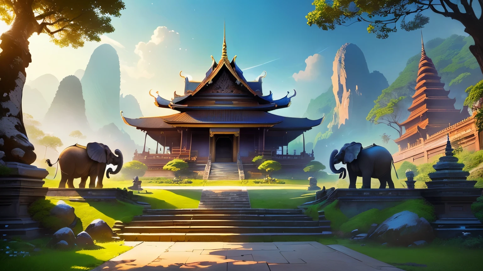 there are two elephants standing on the steps in the park, background art, background artwork, ross tran. scenic background, concept art wallpaper 4k, anime background art, anime landscape wallpaper, amazing wallpaper, avatar landscape, andreas rocha style, environment design illustration, landscape wallpaper, anime landscape, game background, beautiful wallpaper, anime scenery concept art, temple background, cartoon scene of a Thailand forest with a garden and a forest , two thailand elephant stone, Thai garden forest with stone yard and temple background, royal garden background, light kingdom backdrop, background art, a wide open courtyard in an epic, loadingscreen, background artwork, stylized concept art, background depicting garden with stone yard and a temple around, epic background, relaxing concept art, splash screen art, thailand concept, thailand style