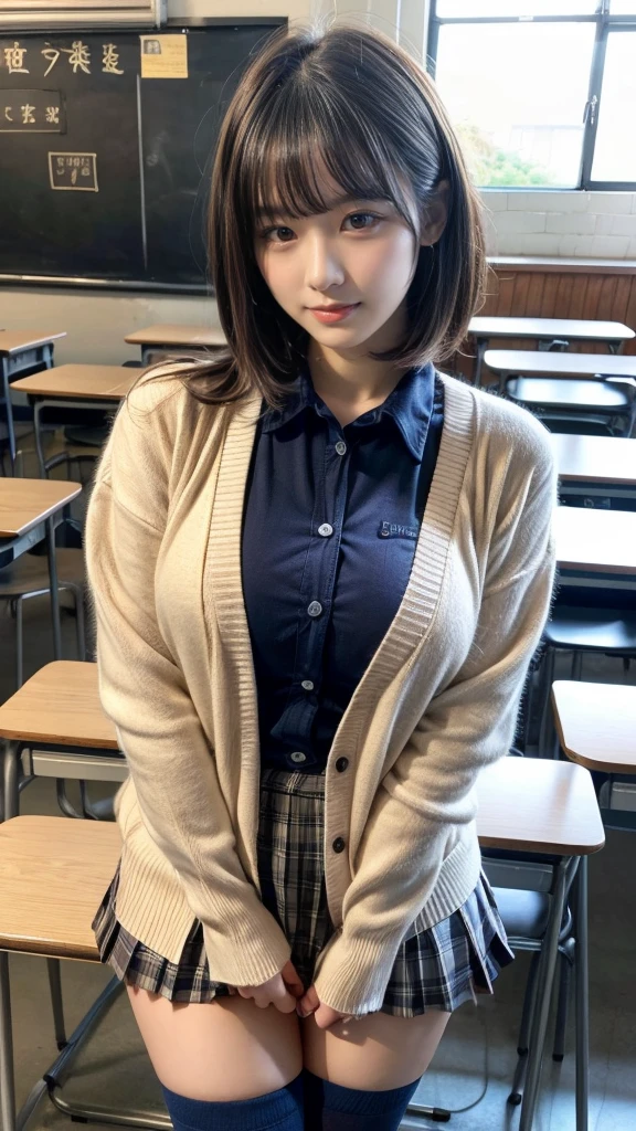 masterpiece, best quality, illustration, Super detailed, fine details, High resolution, 8K,wall paper, perfect dynamic composition,(Details High quality, realistic depiction of eyes:1.3), High School Classroom、High school girl uniform、Cardigan、Super Short Check Uniform Skirt、Navy blue high socks、garterbelts、Colossal tits、Disturbed uniform、short bob hair, black hair color, Big Natural Color Lip, bold sexy pose, (perfect body shape), crying a little、Harajuku style、20 year old girl、cute type, beautiful legs, hposing Gravure Idol, Voluptuous thighs