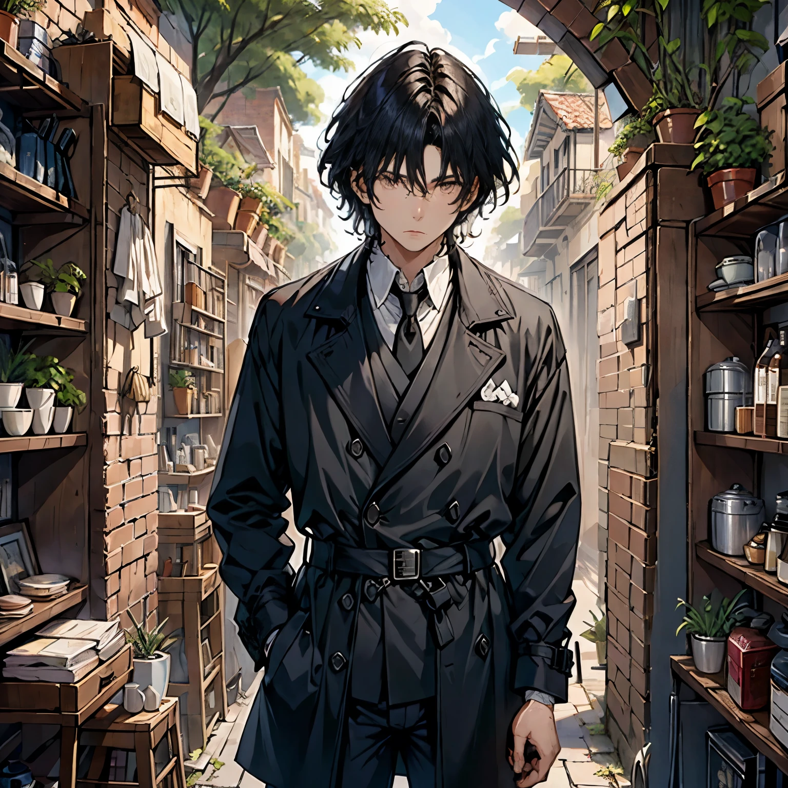 ((neocruz)) El mayordomo es un anciano de pelo negro, ojos cafes. ,He is wearing a large black trench coat with a black pattern.。They are completely two extremes with a rigid face.。tema oscuro, optical, imaginario。