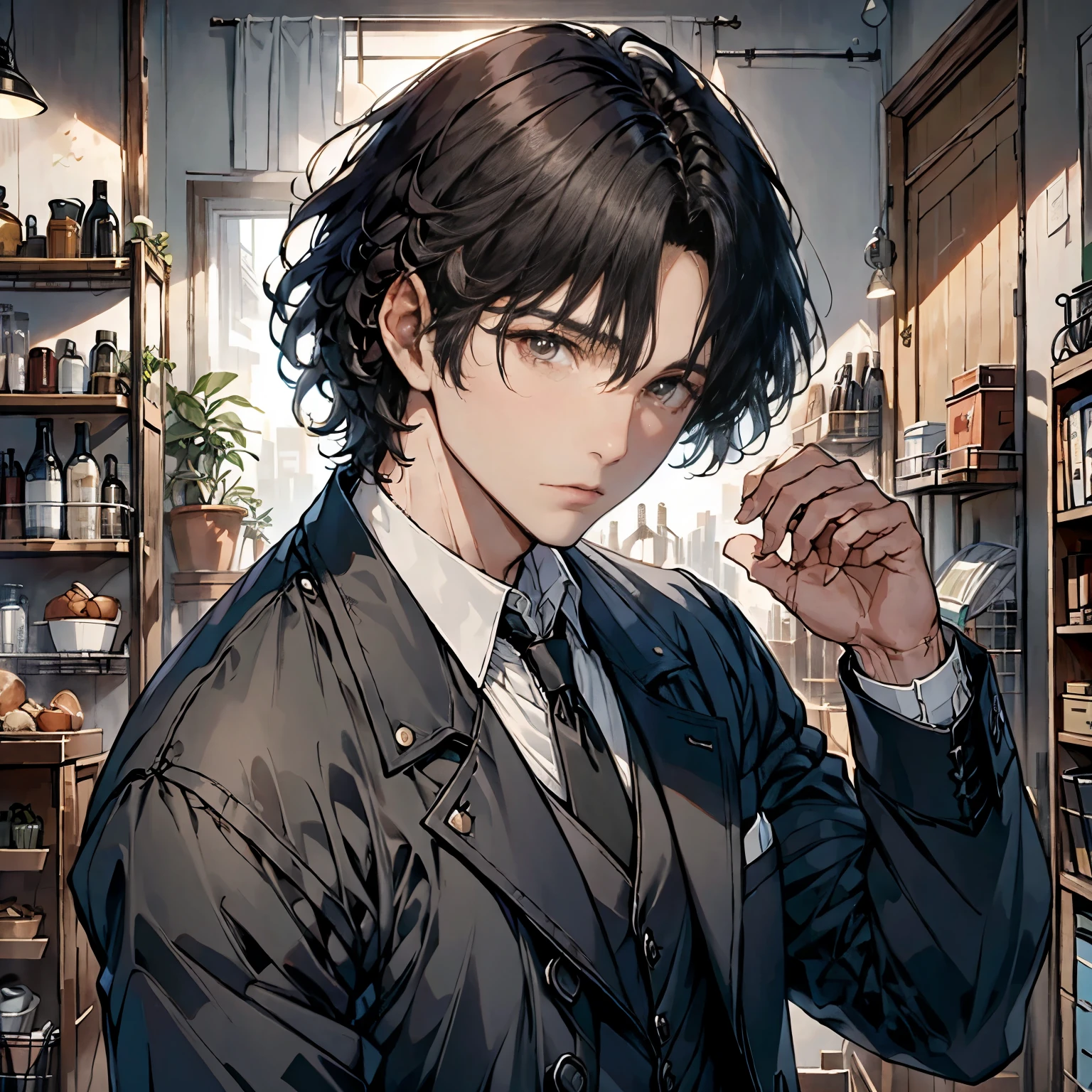 ((neocruz)) El mayordomo es un anciano de pelo negro, ojos cafes. ,He is wearing a large black trench coat with a black pattern.。They are completely two extremes with a rigid face.。tema oscuro, optical, imaginario。