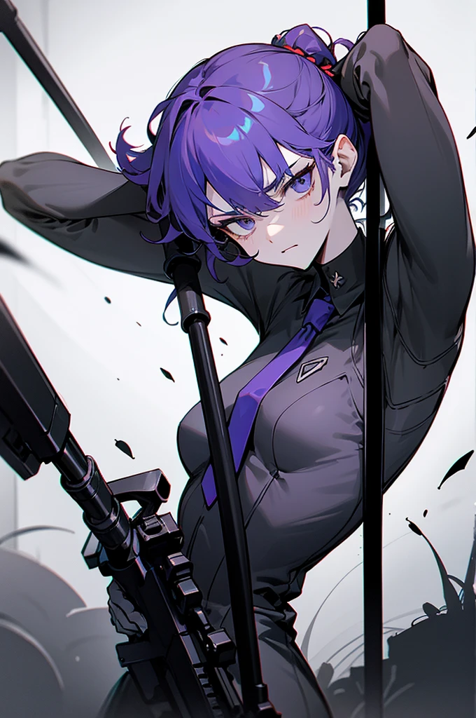 arm enterprise、Suppression Division、Combatant、male、Curly hair、cool、calm、Listless、room、adult、cool、Tie your hair up、sense of urgency、A relaxed face、Sharp Eyes、Slender、Large、sniper rifle、Large ranged weaponodern weapons、darkness、dark、melancholy、Covert behavior、Black theme、grayscale、Purple accent color、High Contrast