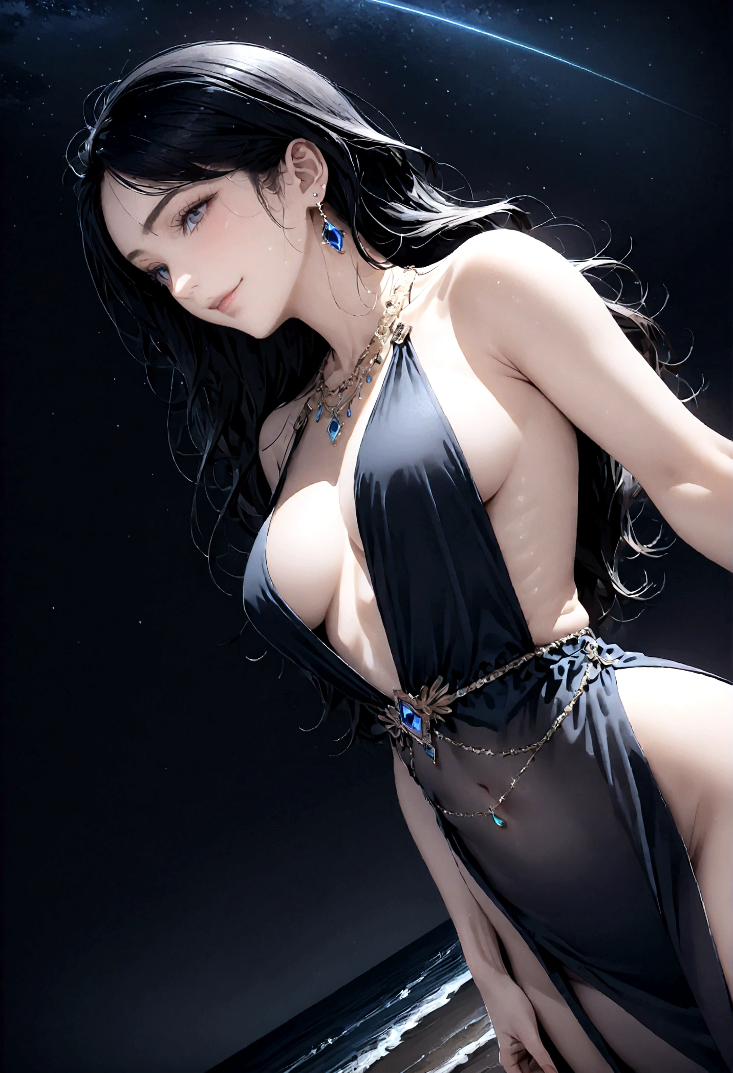8k, masterpiece, RAW Photos, highest quality, Realistic, Very detailed, Depth of written boundary, Cinematic Light, Anatomically correct body,
An elegant beautiful mature woman, Very beautiful face, Exquisitely detailed face, (A gentle, calm face like a goddess:1.4), Very delicate skin texture, Transparent muscle, Shiny white skin, Glamorous Body,
(Wavy black long hair:1.2), Sexy Breasts, Sexy ass,
(See-through slit long dress:1.4), (Detailed cloth texture:1.2), (Body chain accessory with detailed jewel studded embellishments:1.3), (Gorgeous necklace:1.1), (Gorgeous earrings:1.1),
(Dark starry background:1.4), (Milky Way:1.1), (milky way:1.1), (shooting star:1.1), (Dark coastline at night:1.4), (Pitch black sea surface:1.4),
(Low angle shot:1.8),