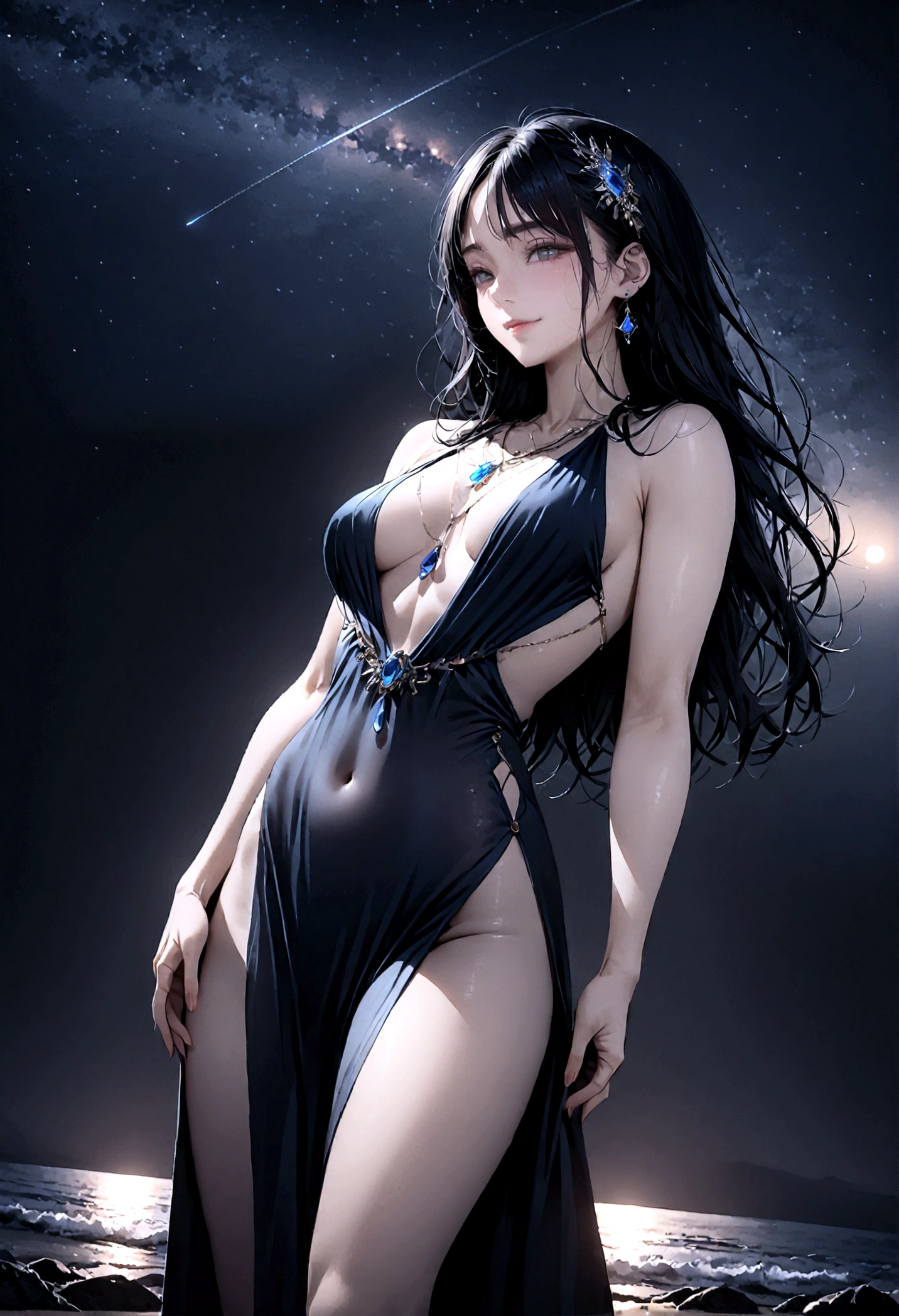 8k, masterpiece, RAW Photos, highest quality, Realistic, Very detailed, Depth of written boundary, Cinematic Light, Anatomically correct body,
An elegant beautiful mature woman, Very beautiful face, Exquisitely detailed face, (A gentle, calm face like a goddess:1.4), Very delicate skin texture, Transparent muscle, Shiny white skin, Glamorous Body,
(Wavy black long hair:1.2), Sexy Breasts, Sexy ass,
(See-through slit long dress:1.4), (Detailed cloth texture:1.2), (Body chain accessory with detailed jewel studded embellishments:1.3), (Gorgeous necklace:1.1), (Gorgeous earrings:1.1),
(Dark starry background:1.4), (Milky Way:1.1), (milky way:1.1), (shooting star:1.1), (Dark coastline at night:1.4), (Pitch black sea surface:1.4),
(Low angle shot:1.8),