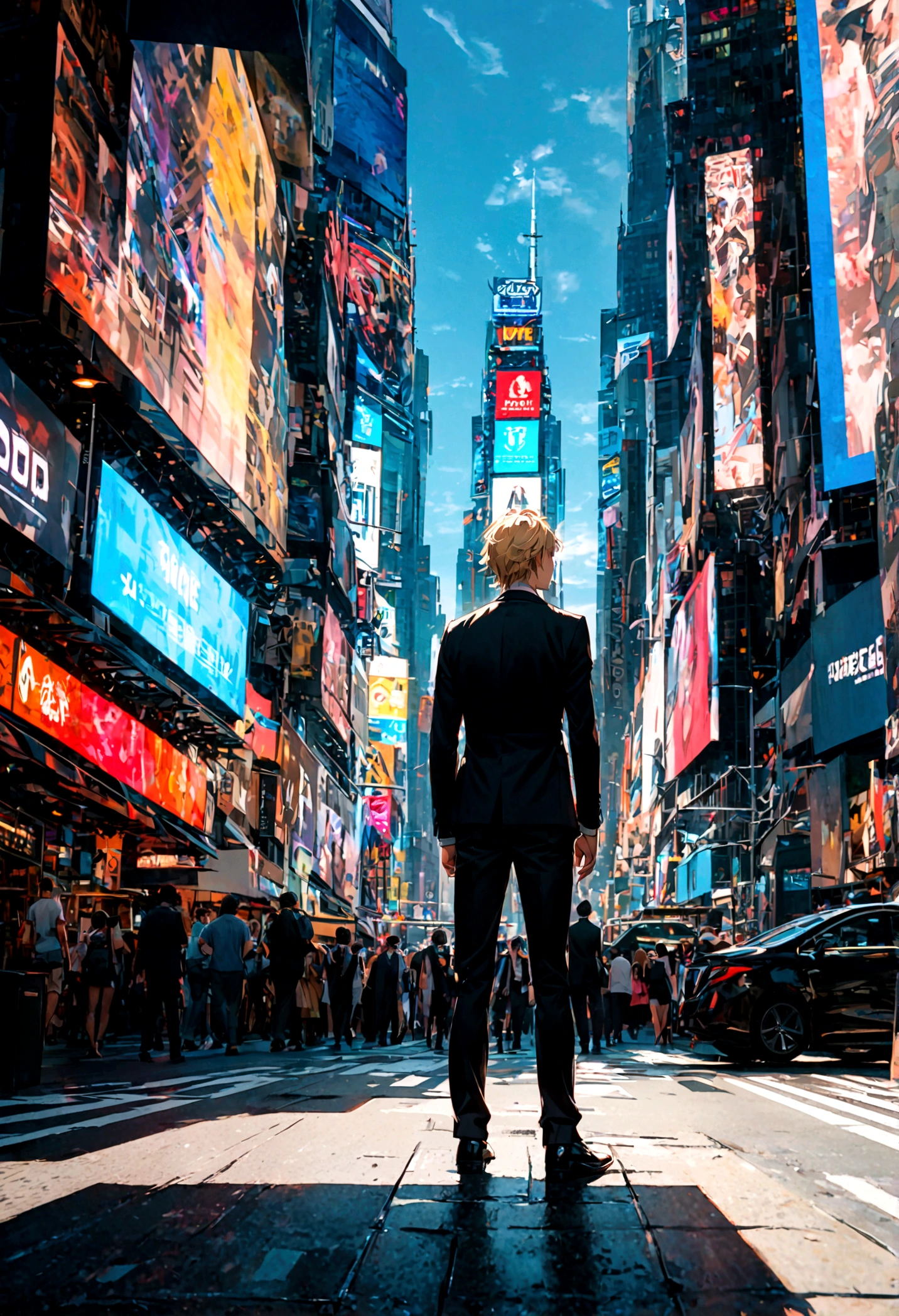 A young man with blond hair, blue eyes, a black suit, stood alone with his back turned halfway, standing alone in the middle of Times Square during the daytime.