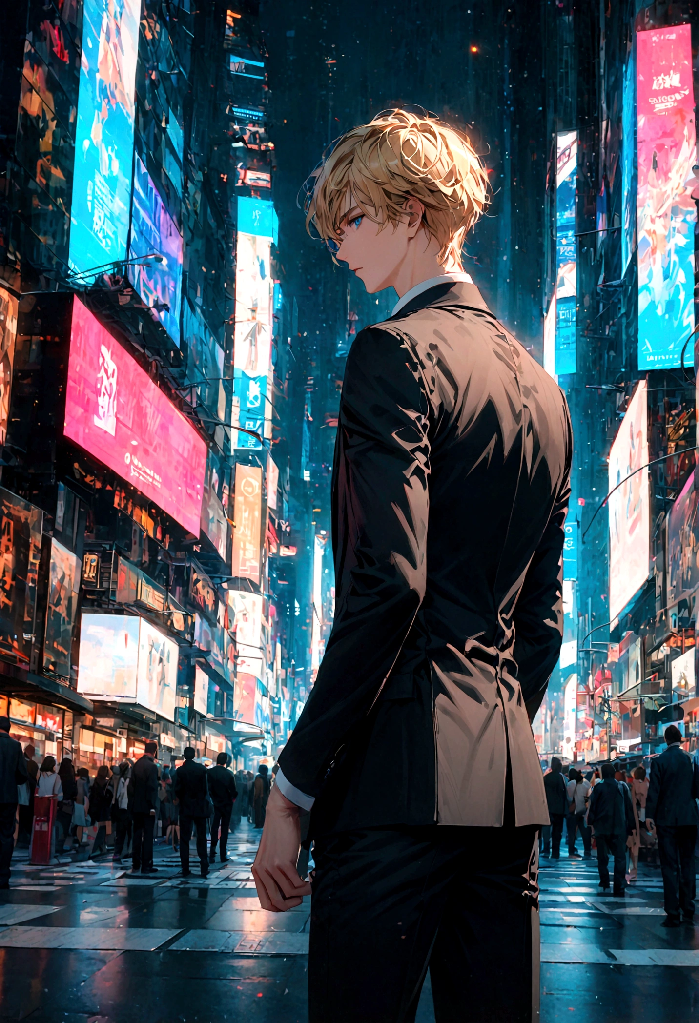 A young man with blond hair, blue eyes, a black suit, stood alone with his back turned halfway, standing alone in the middle of Times Square during the daytime.
