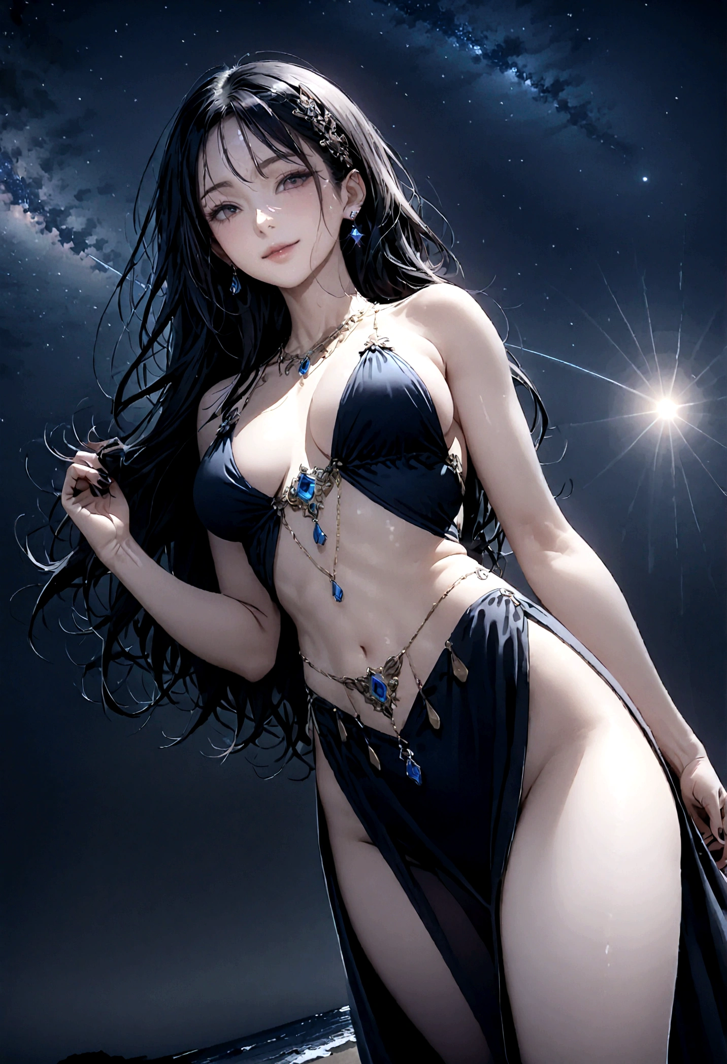 8k, masterpiece, RAW Photos, highest quality, Realistic, Very detailed, Depth of written boundary, Cinematic Light, Anatomically correct body,
An elegant beautiful mature woman, Very beautiful face, Exquisitely detailed face, (A gentle, calm face like a goddess:1.4), Very delicate skin texture, Transparent muscle, Shiny white skin, Glamorous Body,
(Wavy black long hair:1.2), Sexy Breasts, Sexy ass,
(See-through slit long dress:1.4), (Detailed cloth texture:1.2), (Body chain accessory with detailed jewel studded embellishments:1.3), (Gorgeous necklace:1.1), (Gorgeous earrings:1.1),
(Dark starry background:1.4), (Milky Way:1.1), (milky way:1.1), (shooting star:1.1), (Dark coastline at night:1.4), (Pitch black sea surface:1.4),
(Low angle shot:1.8),