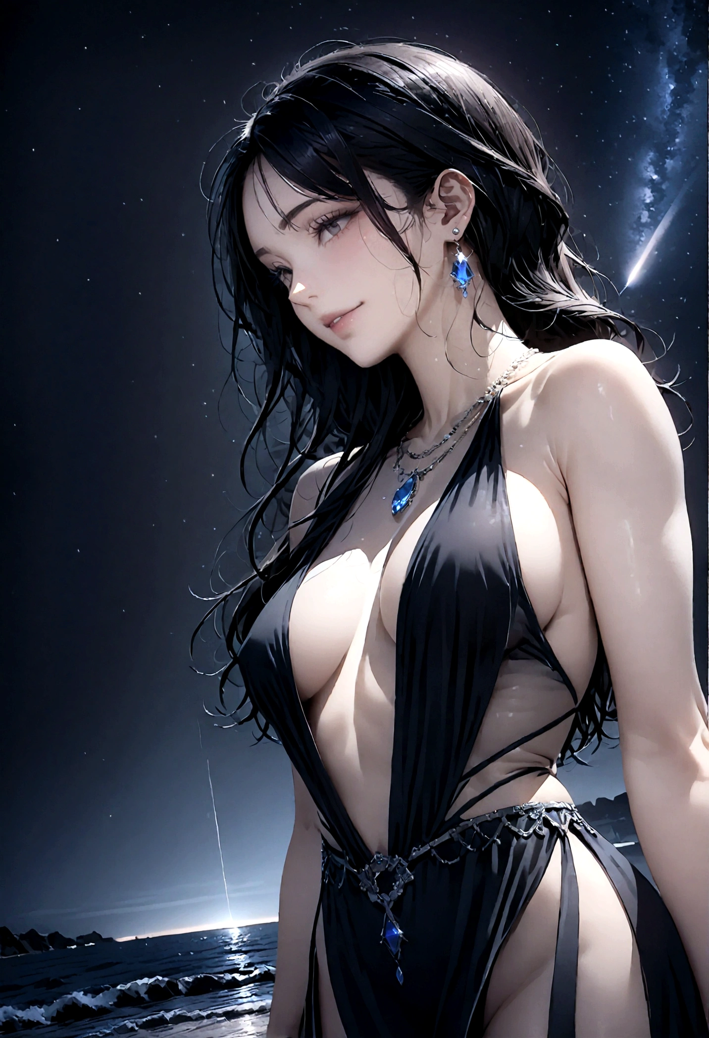 8k, masterpiece, RAW Photos, highest quality, Realistic, Very detailed, Depth of written boundary, Cinematic Light, Anatomically correct body, 
An elegant beautiful mature woman, Very beautiful face, Exquisitely detailed face, (A gentle, calm face like a goddess:1.4), Very delicate skin texture, Transparent muscle, Shiny white skin, Glamorous Body, 
(Wavy black long hair:1.2), Sexy Breasts, Sexy ass, 
(See-through slit long dress:1.4), (Detailed cloth texture:1.2), (Body chain accessory with detailed jewel studded embellishments:1.3), (Gorgeous necklace:1.1), (Gorgeous earrings:1.1), 
(Dark starry background:1.4), (Milky Way:1.1), (milky way:1.1), (shooting star:1.1), (Dark coastline at night:1.4), (Pitch black sea surface:1.4), 
(Low angle shot:1.8), 
