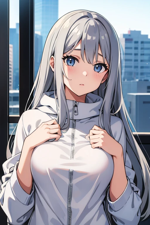 １older sister、Silver straight hair、Red Eyes、17歳のolder sister、I'm scared、White and blue hoodie jumper、Black jeans、Black sneakers、Have acrobatic movements、Under her jersey she wears a white T-shirt that reveals her very large breasts.、ボン・キュッ・ボンの身体突きをしたolder sister、The body is slightly twisted.、My chest is shaking so much、