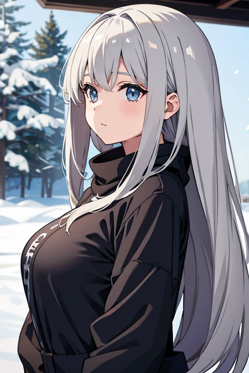 winter Girl exposing her breasts outside、Upper body naked、Gray Hair、long hair