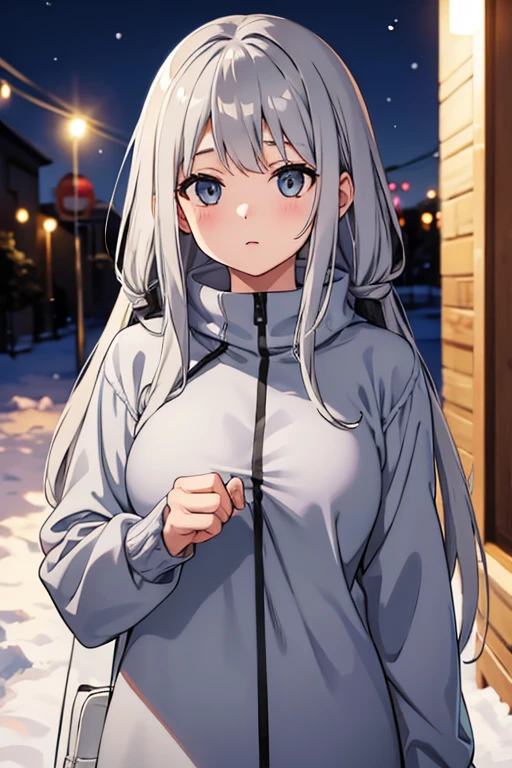 1girl in,Detailed details,Gray head hair,Very long hair,light blue eyes,fullnude,bignipple,light pink nipples,White scarf,Inside the city,Snow sifting,piece sign,Blue jacket