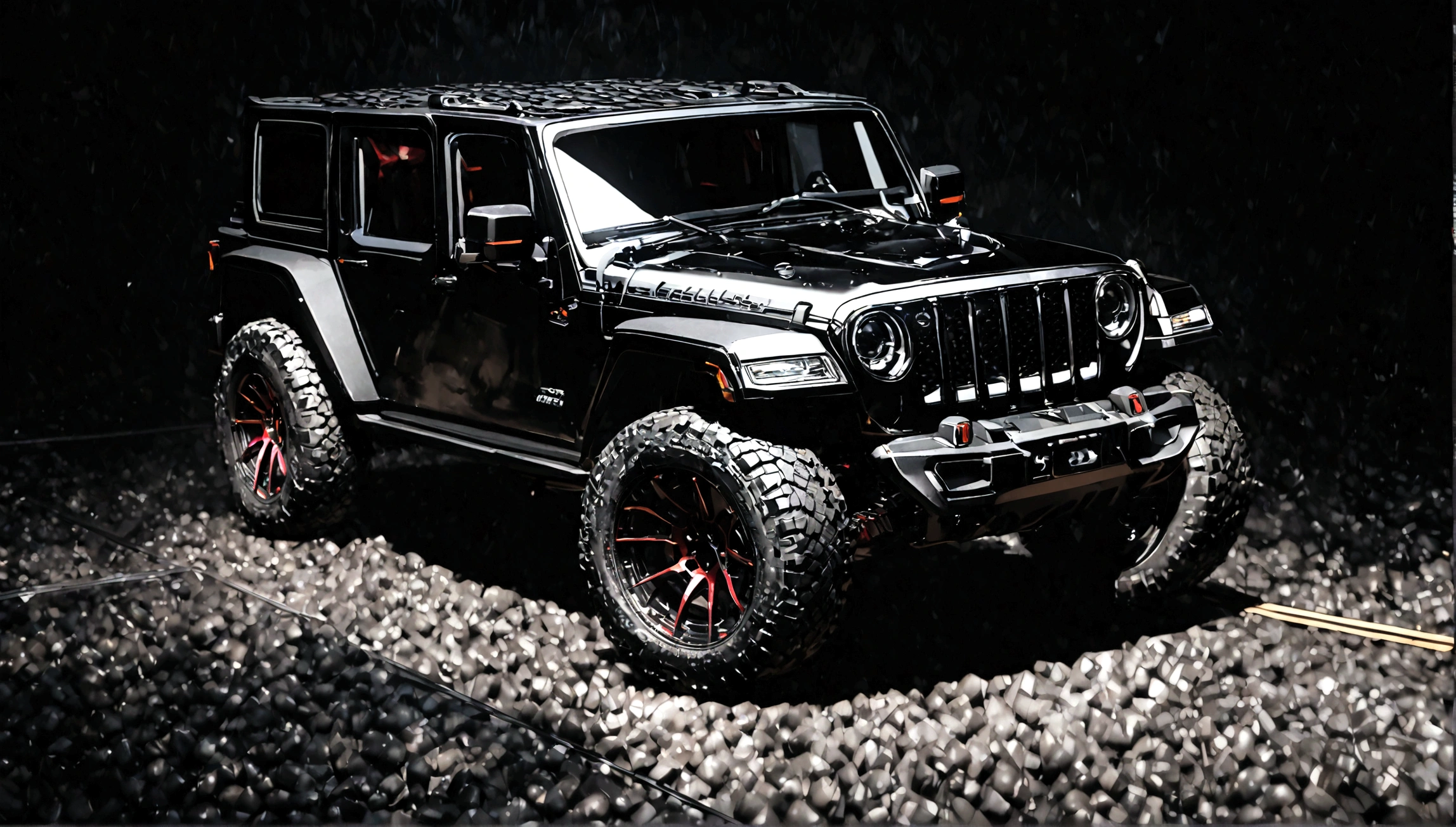 a highly detailed black supercar jeep, 8k, hyper realistic, photorealistic, ultra-detailed, incredibly sharp focus, professional 3d render, volumetric lighting, dynamic pose, dramatic lighting, high contrast, vibrant colors, metallic paint, carbon fiber accents, off-road tires, muscular body, aggressive front grille, sleek and modern design, studio lighting