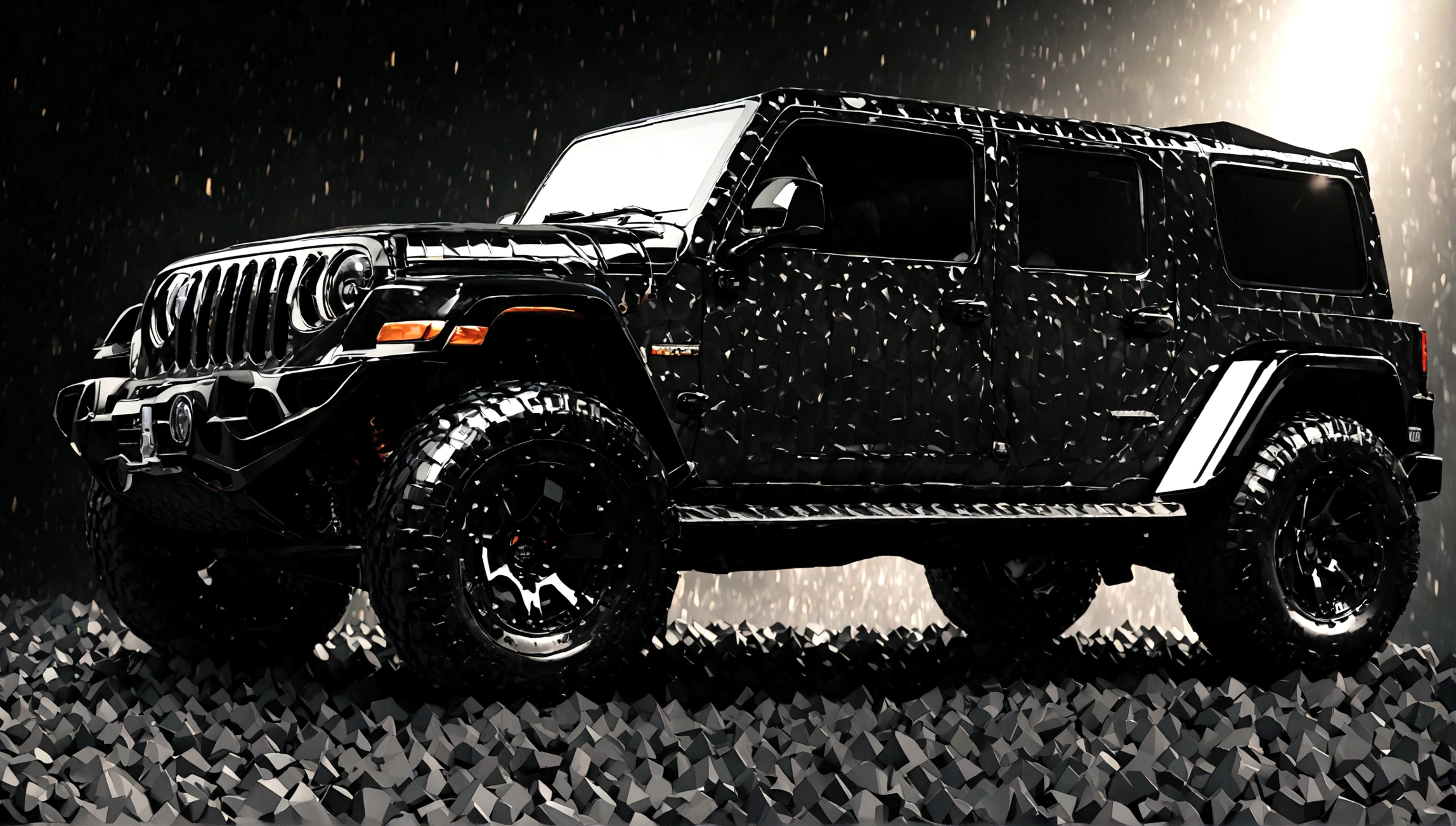 a highly detailed black supercar jeep, 8k, hyper realistic, photorealistic, ultra-detailed, incredibly sharp focus, professional 3d render, volumetric lighting, dynamic pose, dramatic lighting, high contrast, vibrant colors, metallic paint, carbon fiber accents, off-road tires, muscular body, aggressive front grille, sleek and modern design, studio lighting